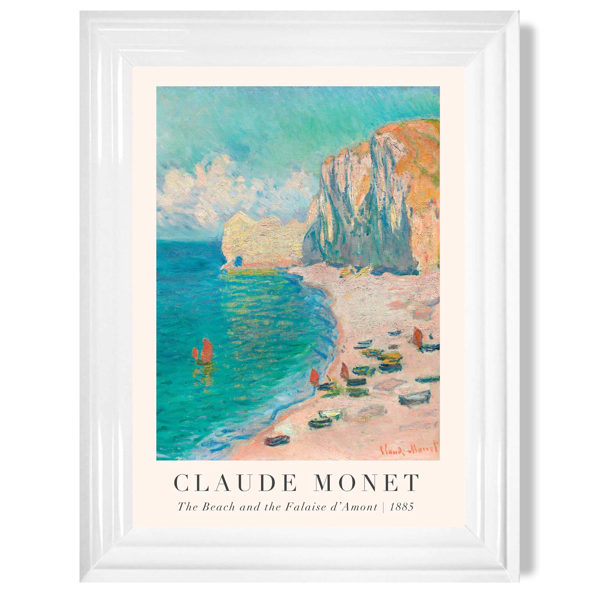 Claude Monet The Beach and the Falaise d'Amont print in White Glossy Frame