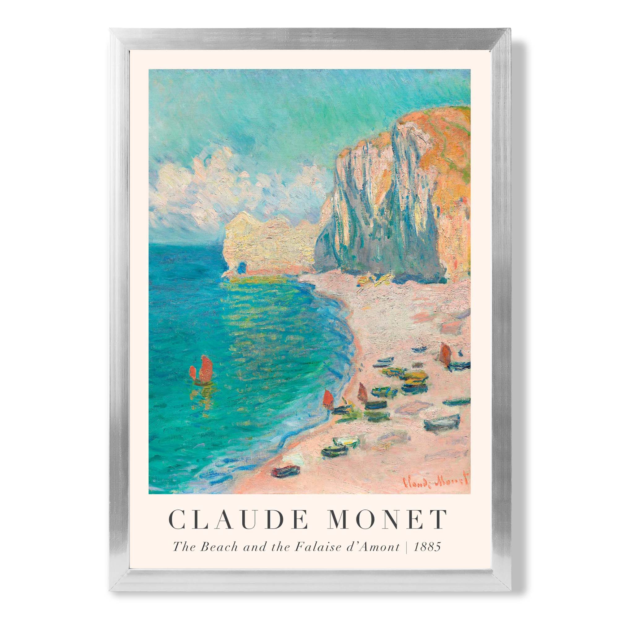 Claude Monet The Beach and the Falaise d'Amont print in Silver Wooden Frame