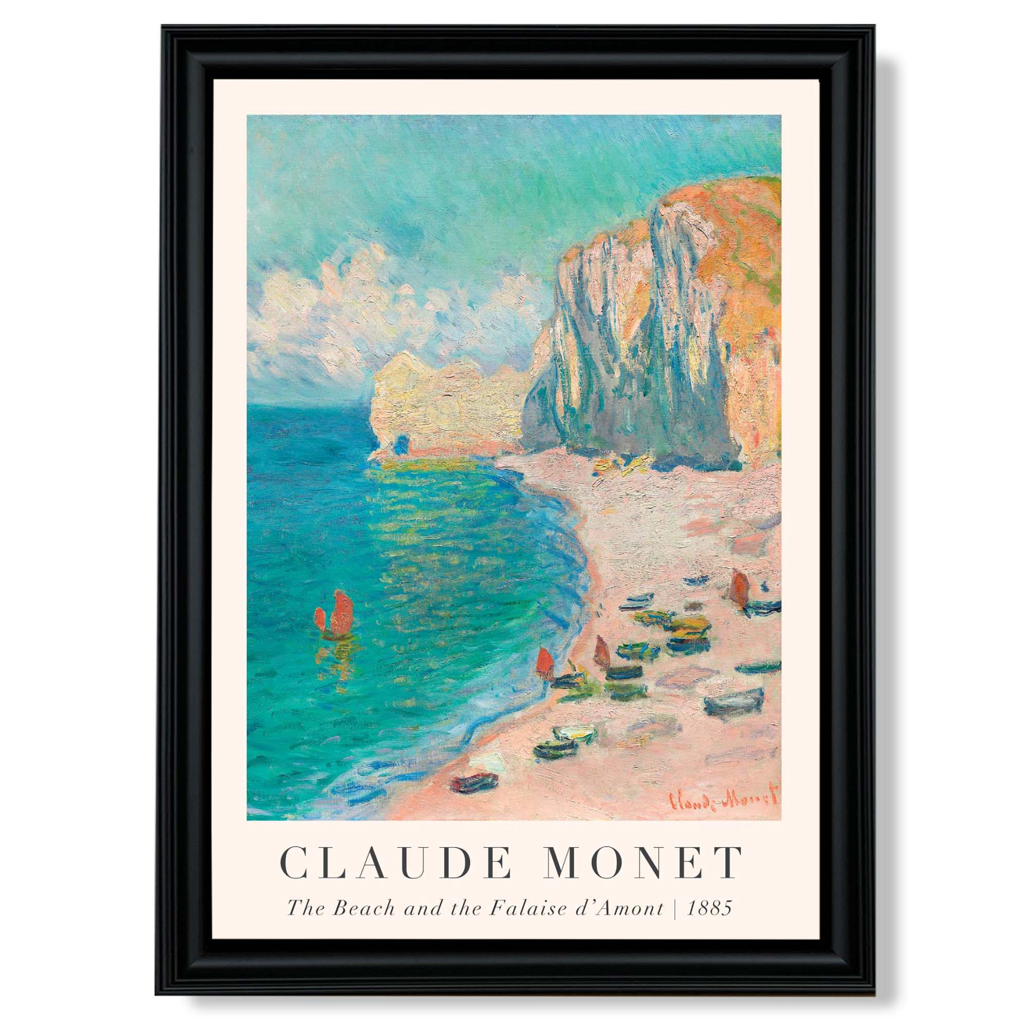Claude Monet The Beach and the Falaise d'Amont print in Black Scoop Frame