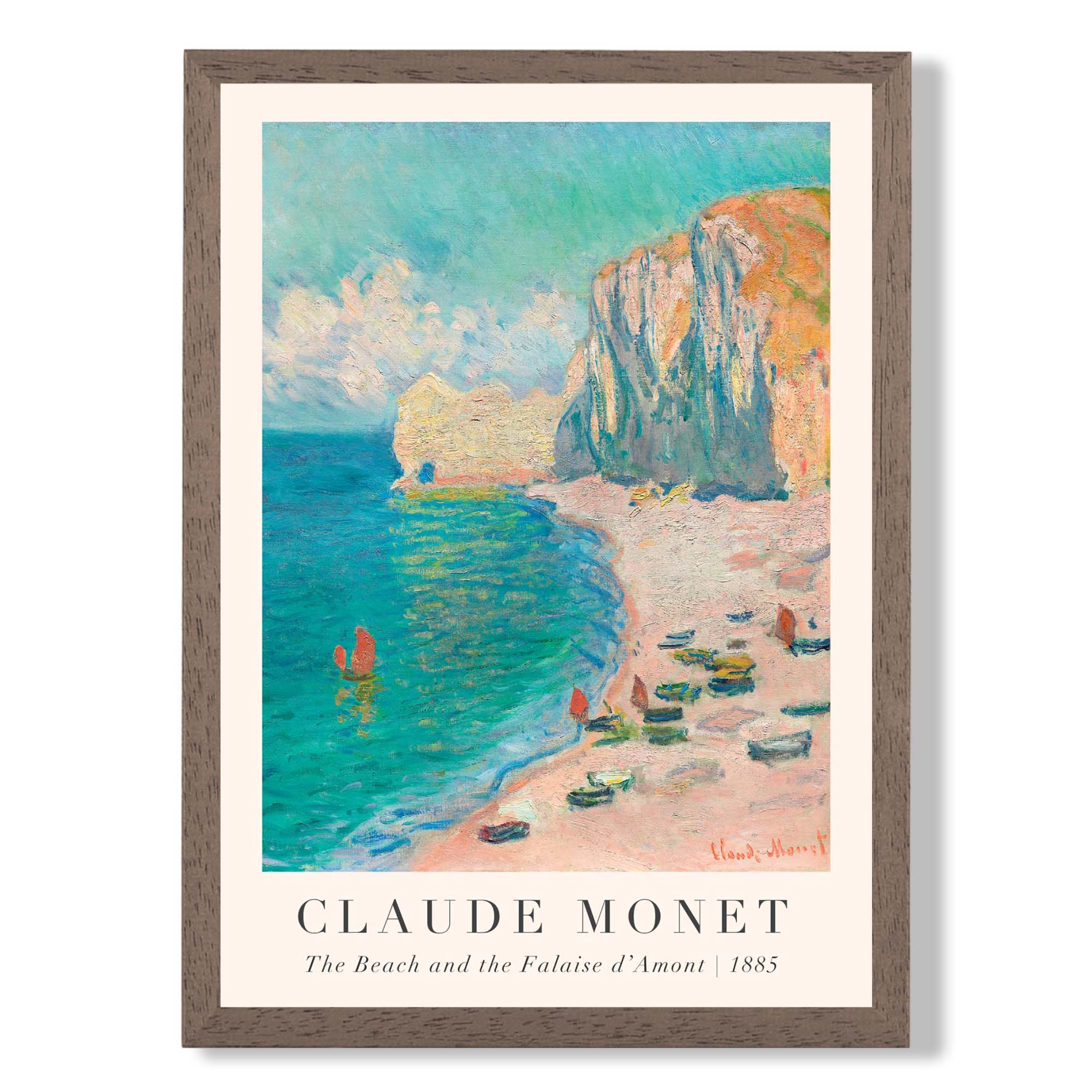 Claude Monet The Beach and the Falaise d'Amont print in Walnut Wooden Frame