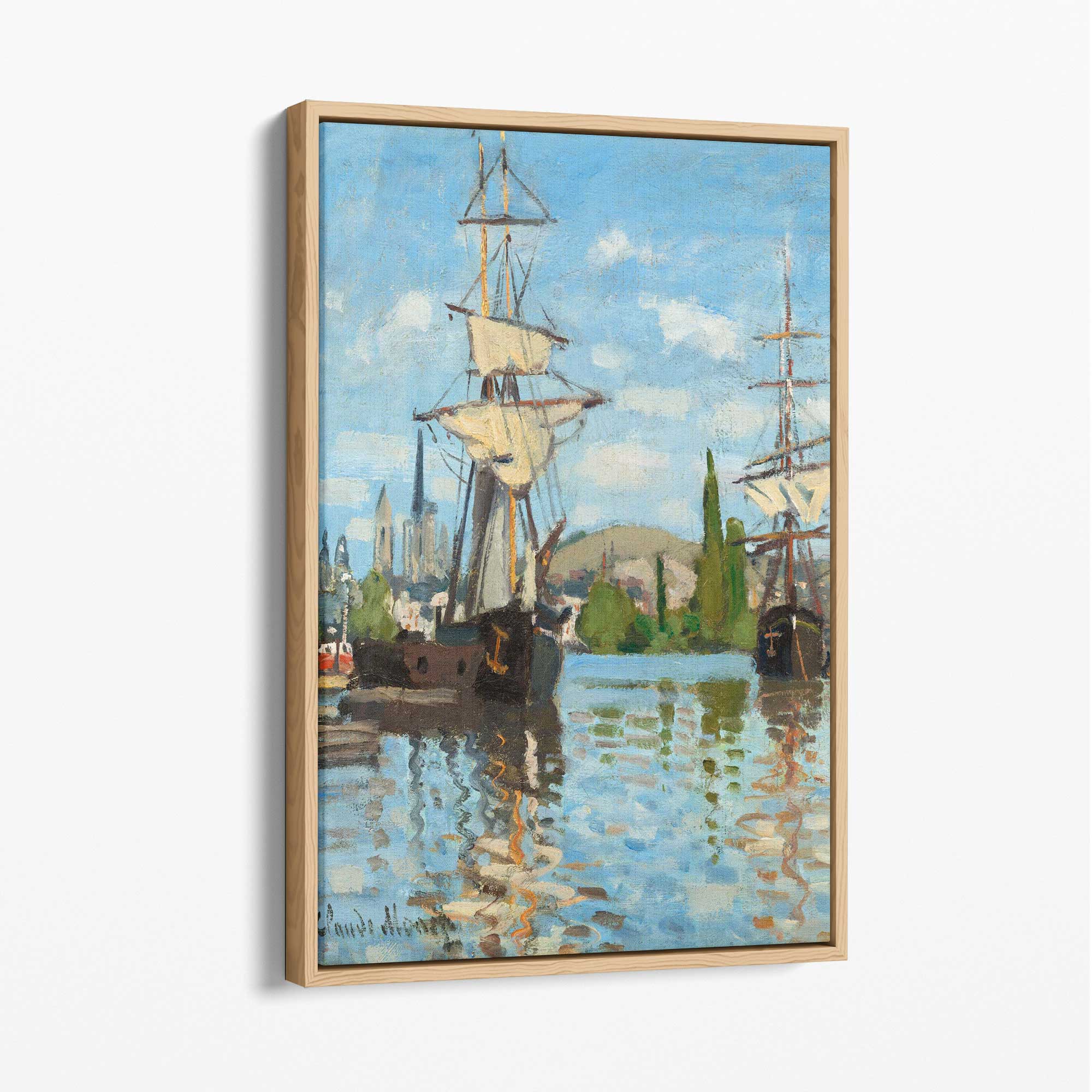 Claude Monet Ships Riding on the Seine at Rouen Canvas Art Print with Oak Float Frame