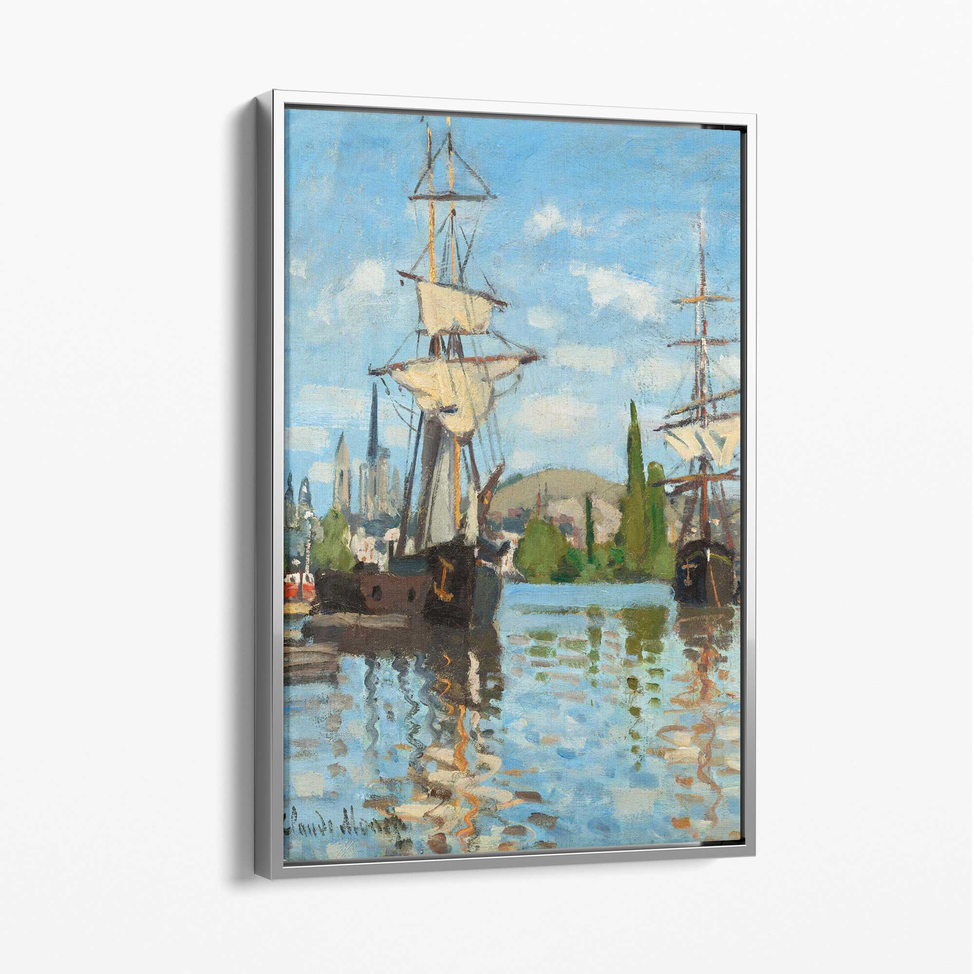 Claude Monet Ships Riding on the Seine at Rouen Canvas Art Print with Silver Float Frame