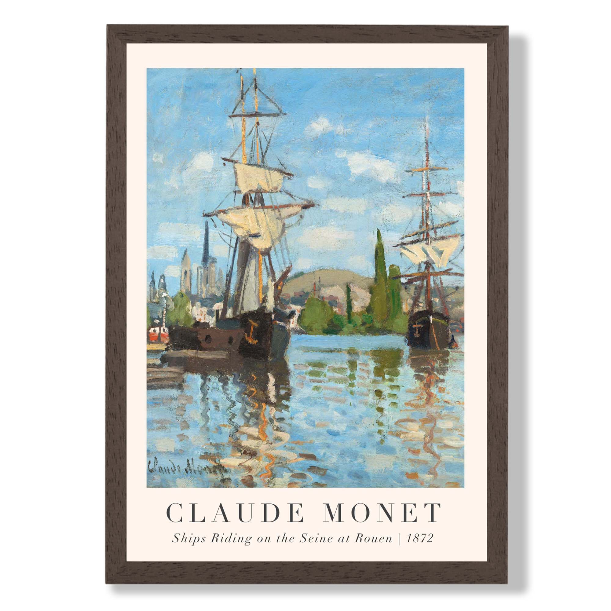 Claude Monet Ships Riding on the Seine at Rouen print in Dark Wooden Frame
