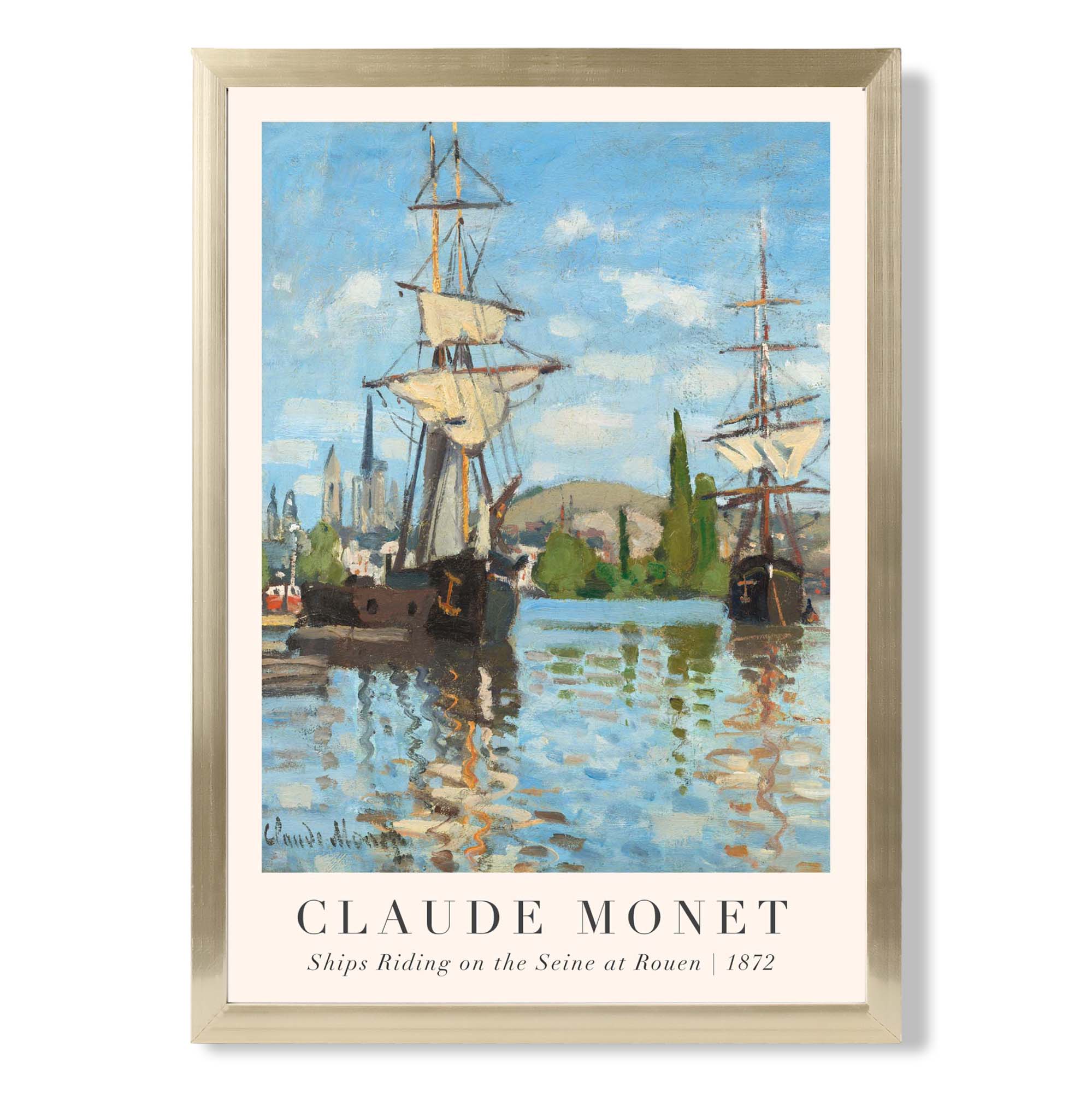 Claude Monet Ships Riding on the Seine at Rouen print in Gold Wooden Frame
