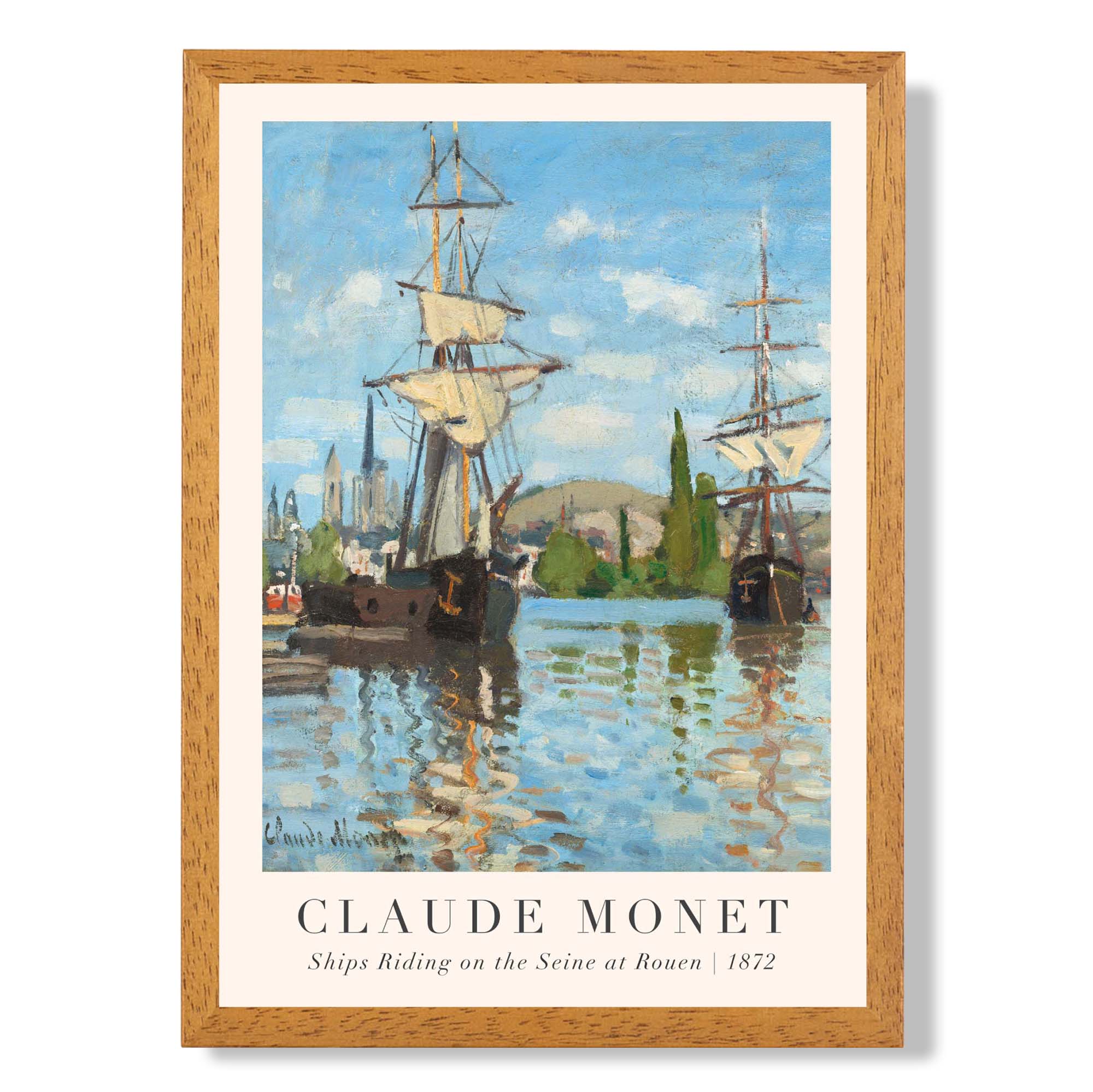 Claude Monet Ships Riding on the Seine at Rouen print in Oak Wooden Frame