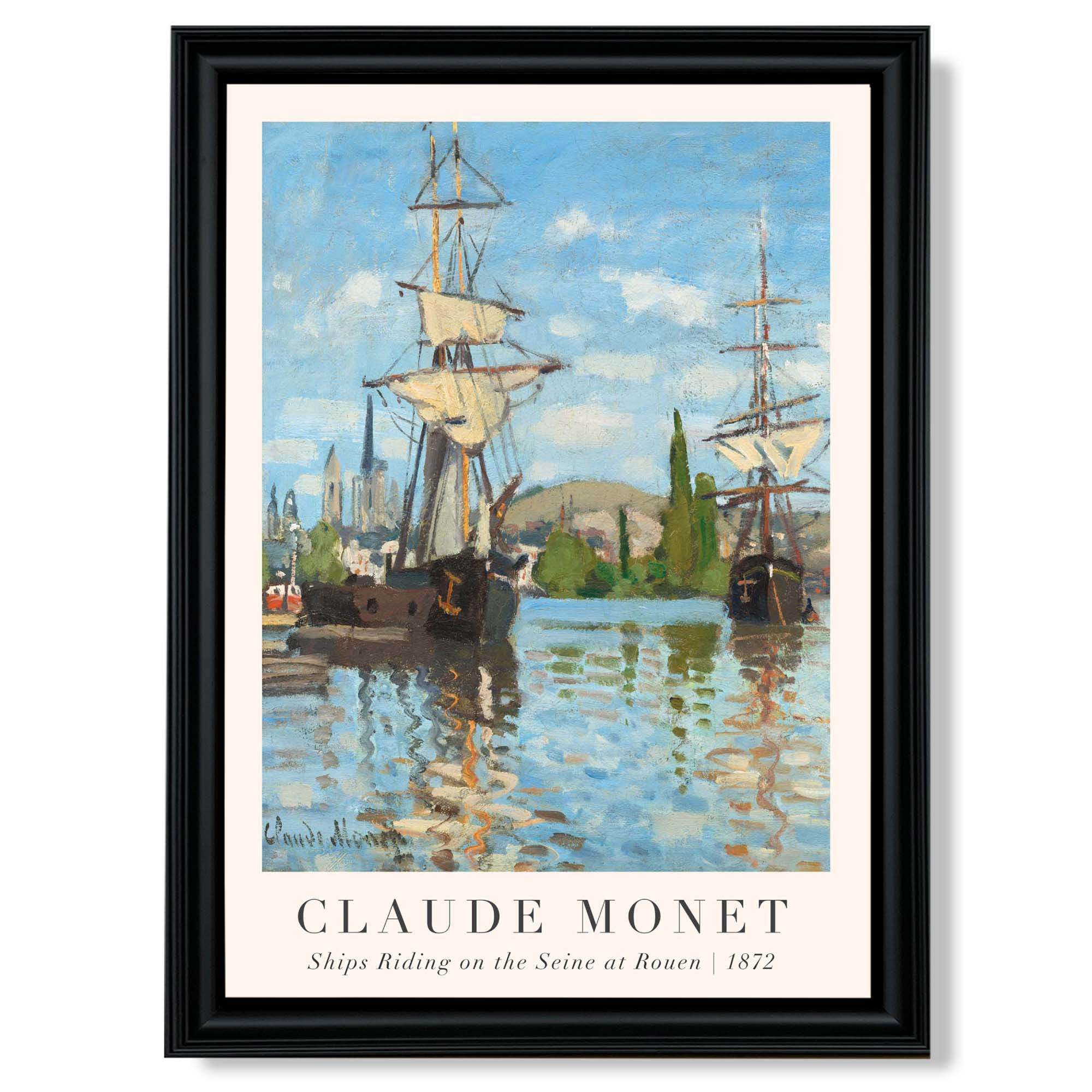 Claude Monet Ships Riding on the Seine at Rouen print in Black Scoop Frame