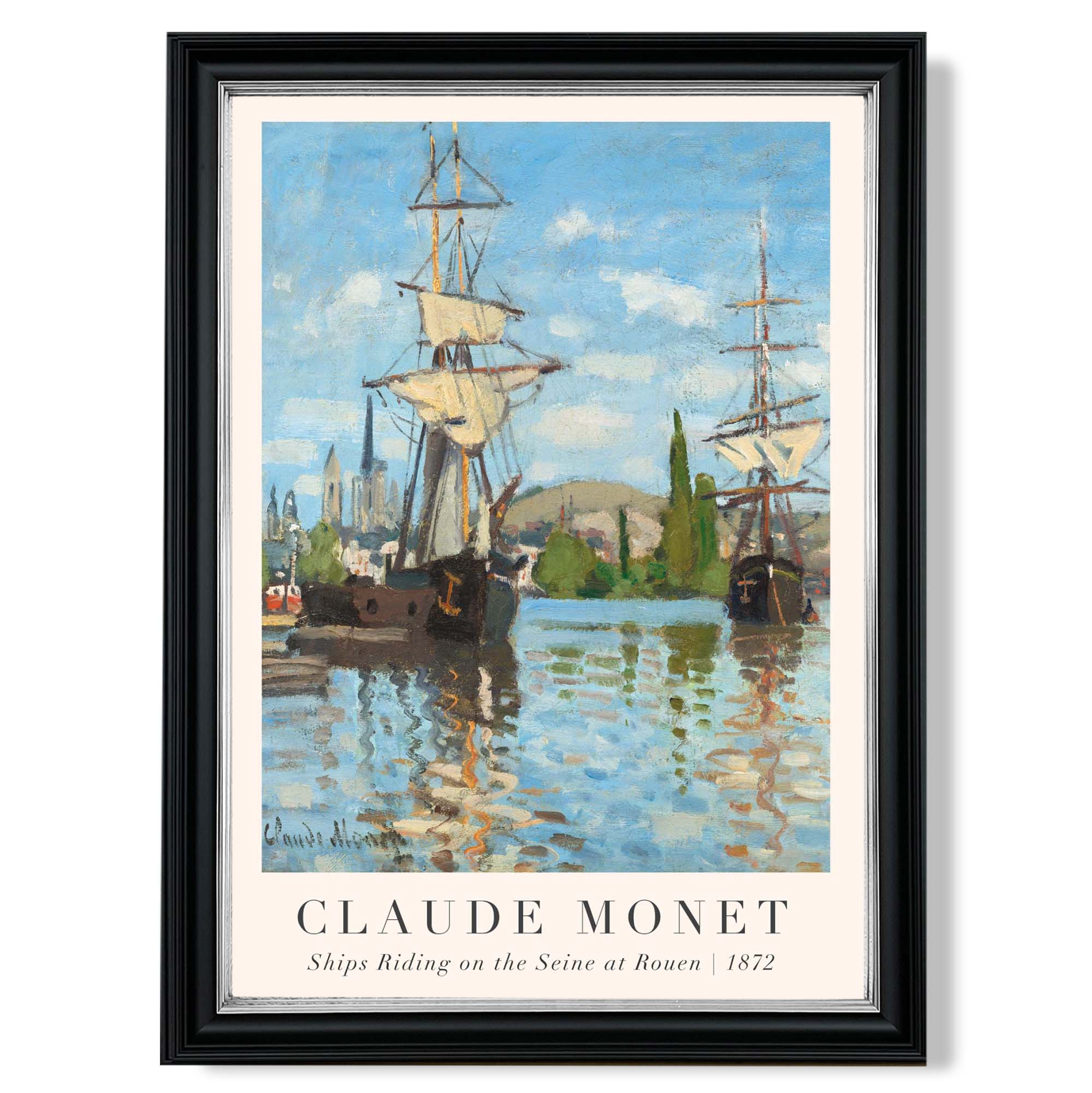 Claude Monet Ships Riding on the Seine at Rouen print in Black and silver Frame