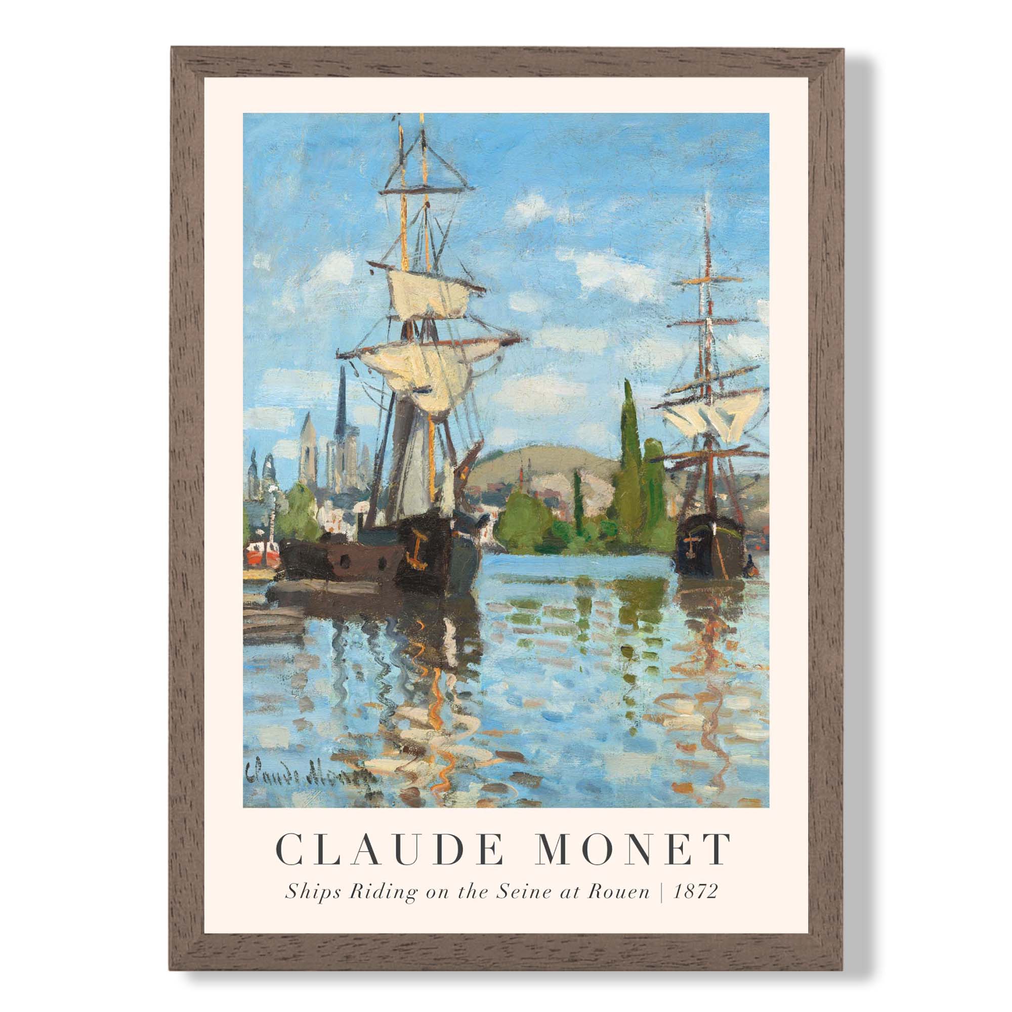 Claude Monet Ships Riding on the Seine at Rouen print in Walnut Wooden Frame