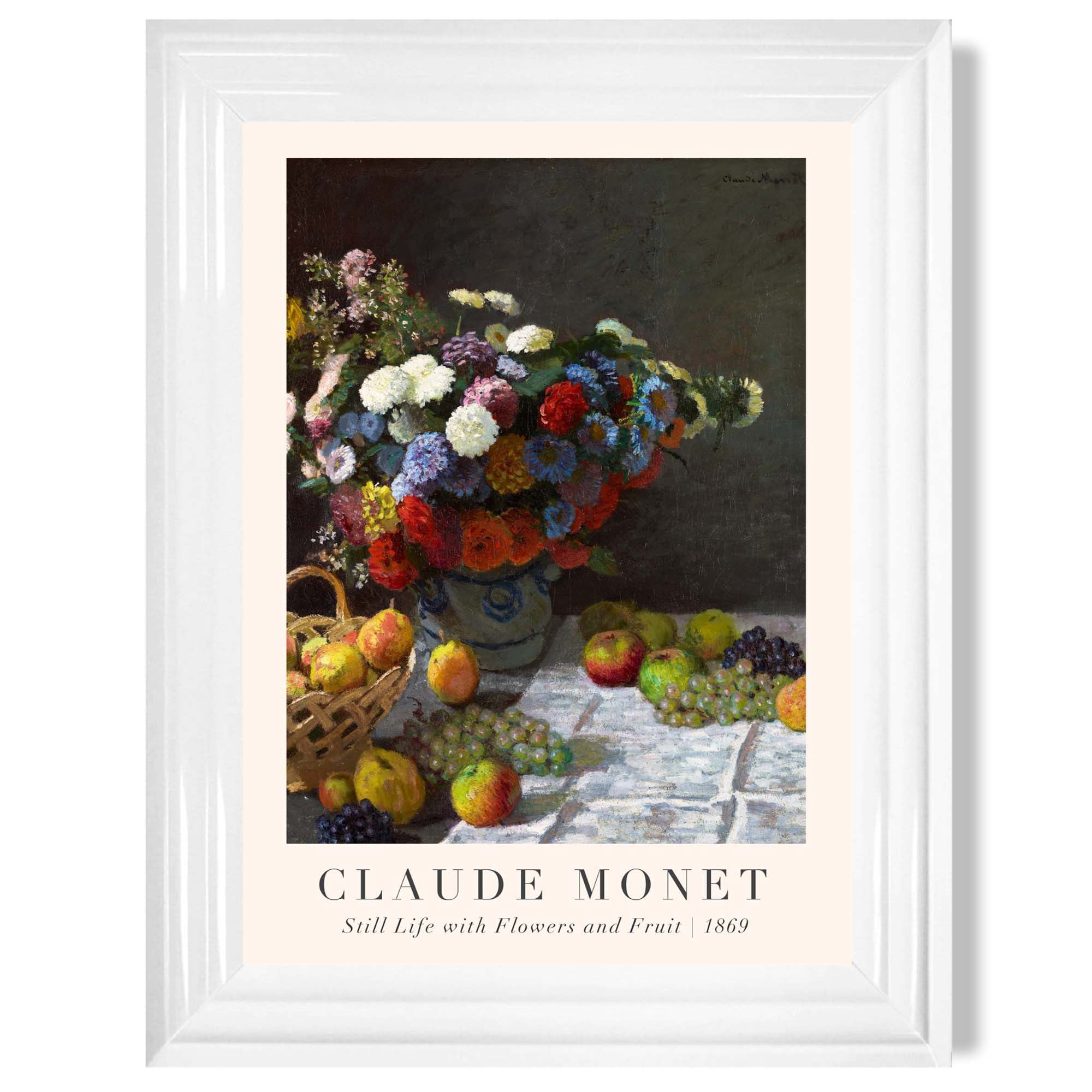 Claude Monet Flowers and Fruit print in White Glossy Frame