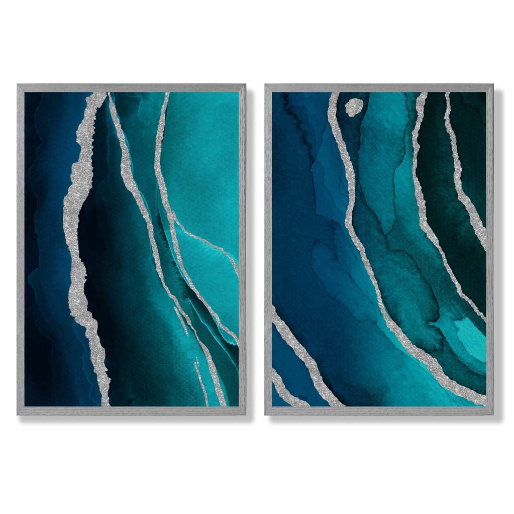 Teal and Silver Abstract Set of 2 Art Prints with Light Grey Frame