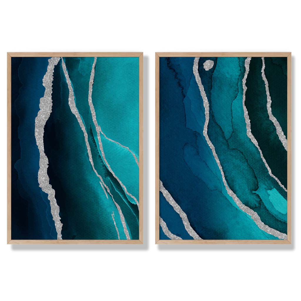 Teal and Silver Abstract Set of 2 Art Prints with Oak Frame