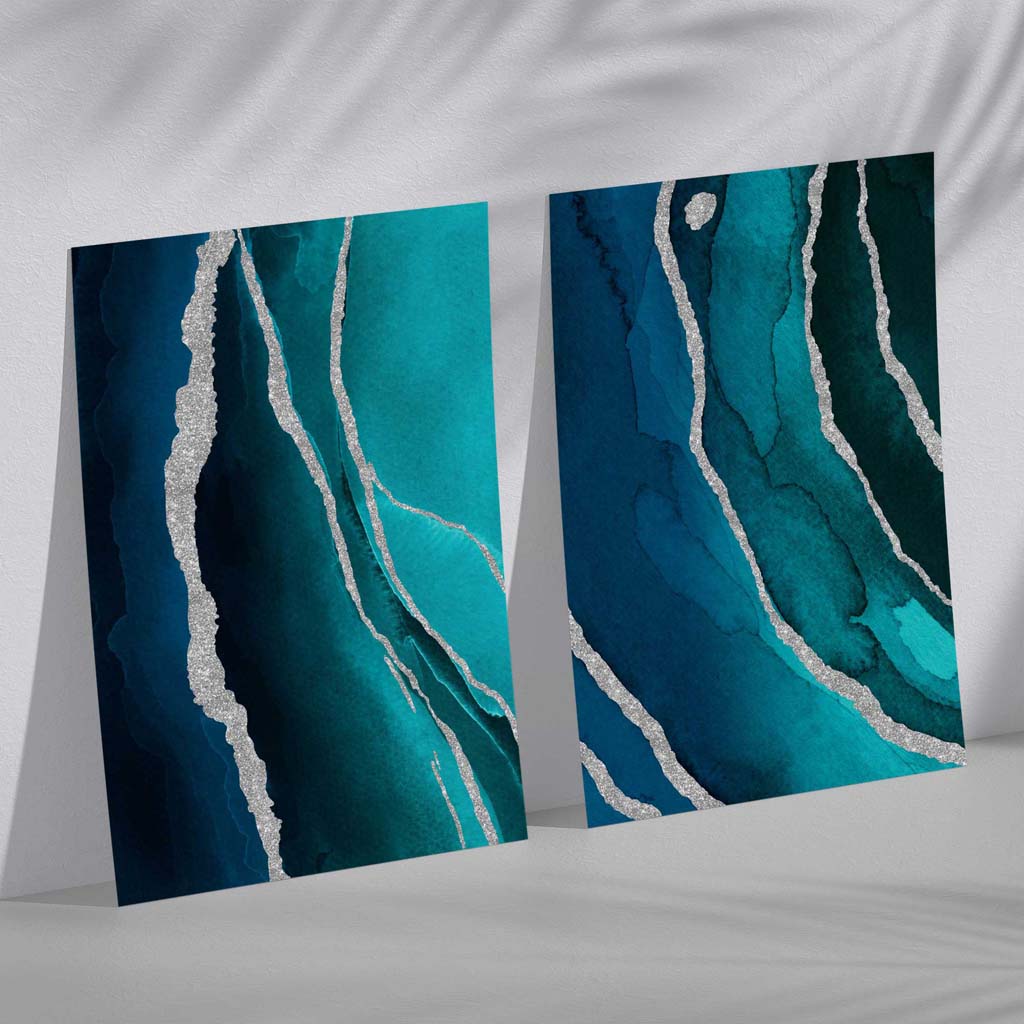 Teal and Silver Abstract Set of 2 Art Prints