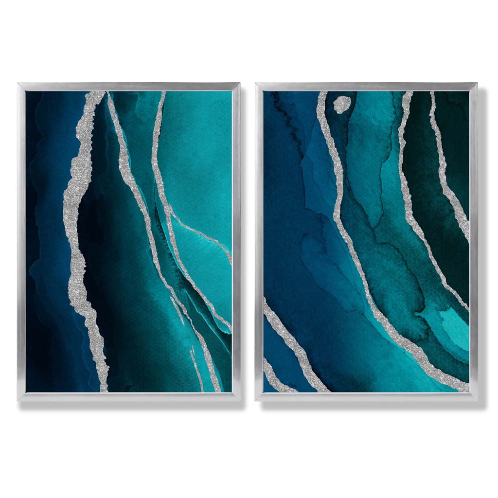 Teal and Silver Abstract Set of 2 Art Prints with Silver Frame