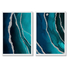 Teal and Silver Abstract Set of 2 Art Prints with White Frame