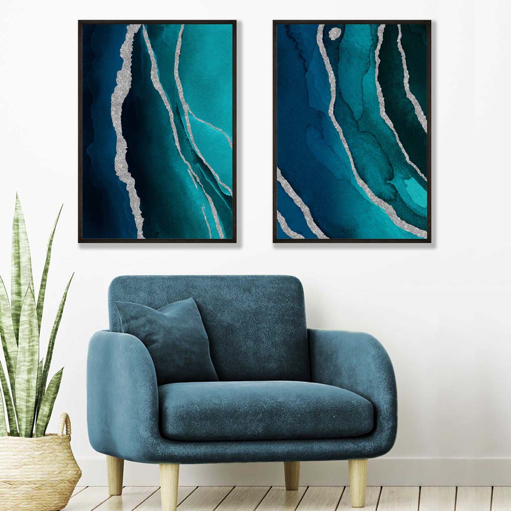 Teal and Silver Abstract Set of 2 Art Prints | Artze Wall Art UK