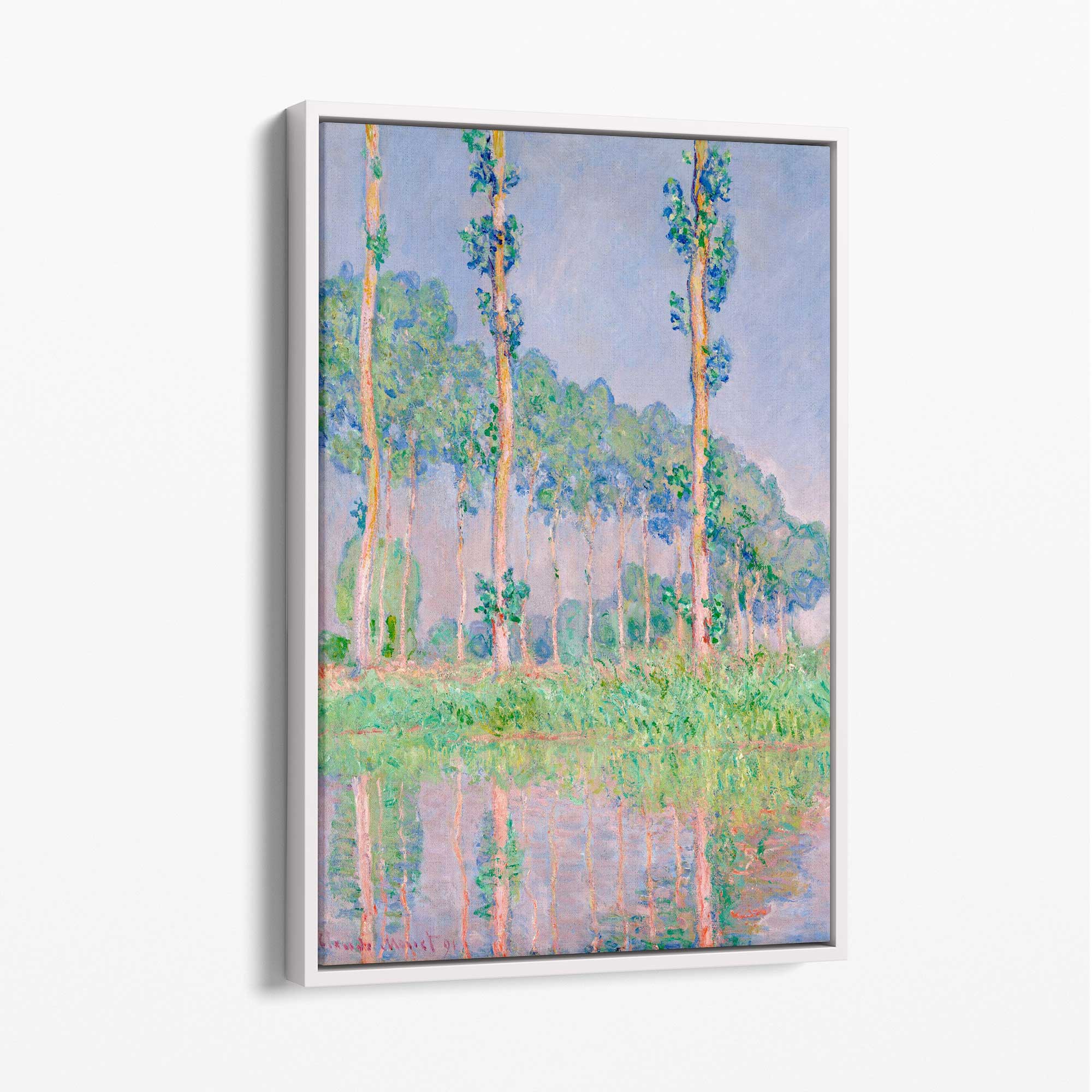 Claude Monet Poplars Canvas Art Print with White Float Frame