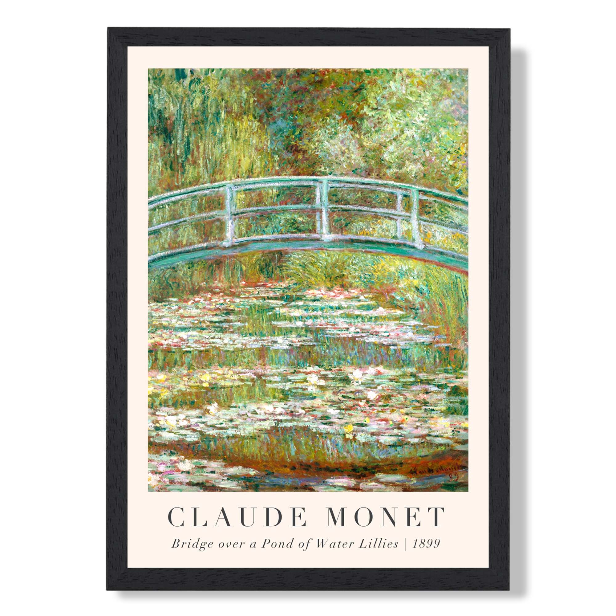 Claude Monet Bridge Over Pond of Water Lillies print in Black Wooden Frame