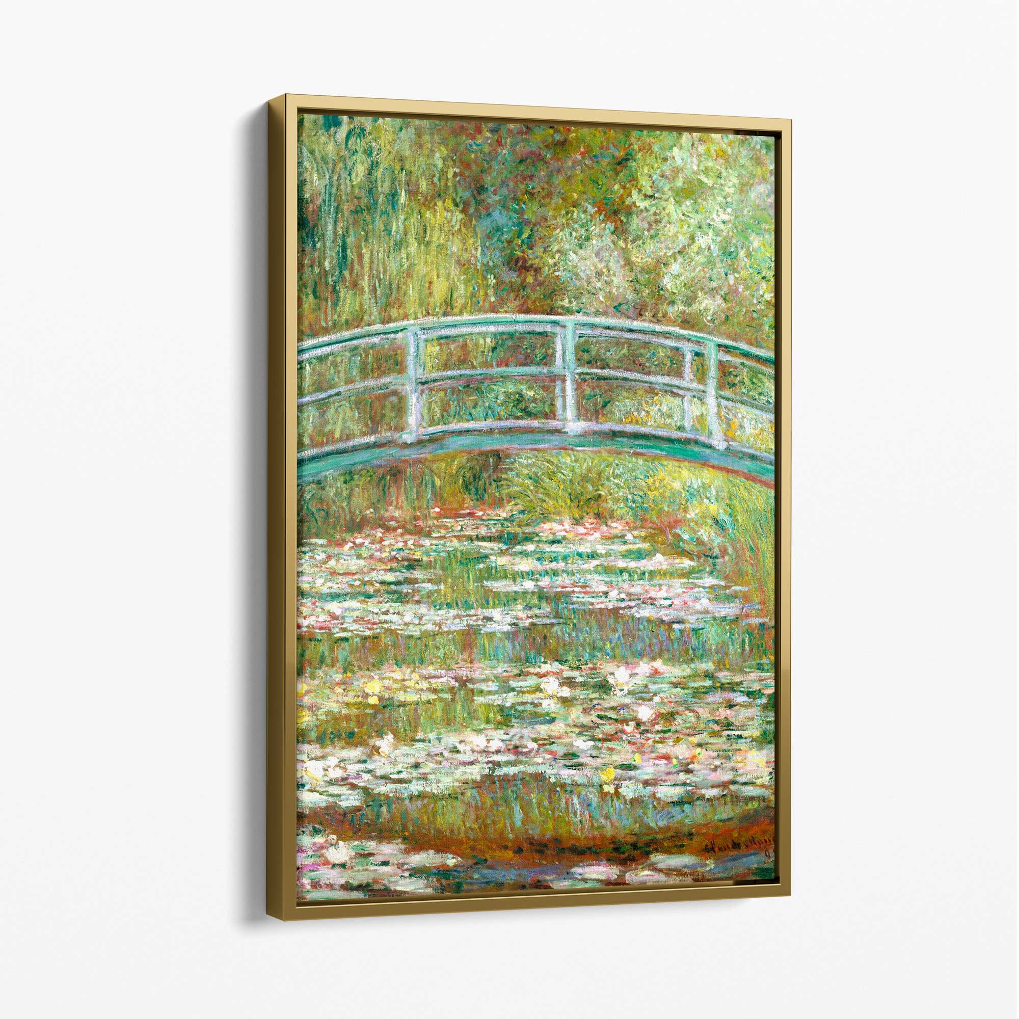Claude Monet Bridge Over Pond of Water Lillies Canvas Art Print with Gold Float Frame