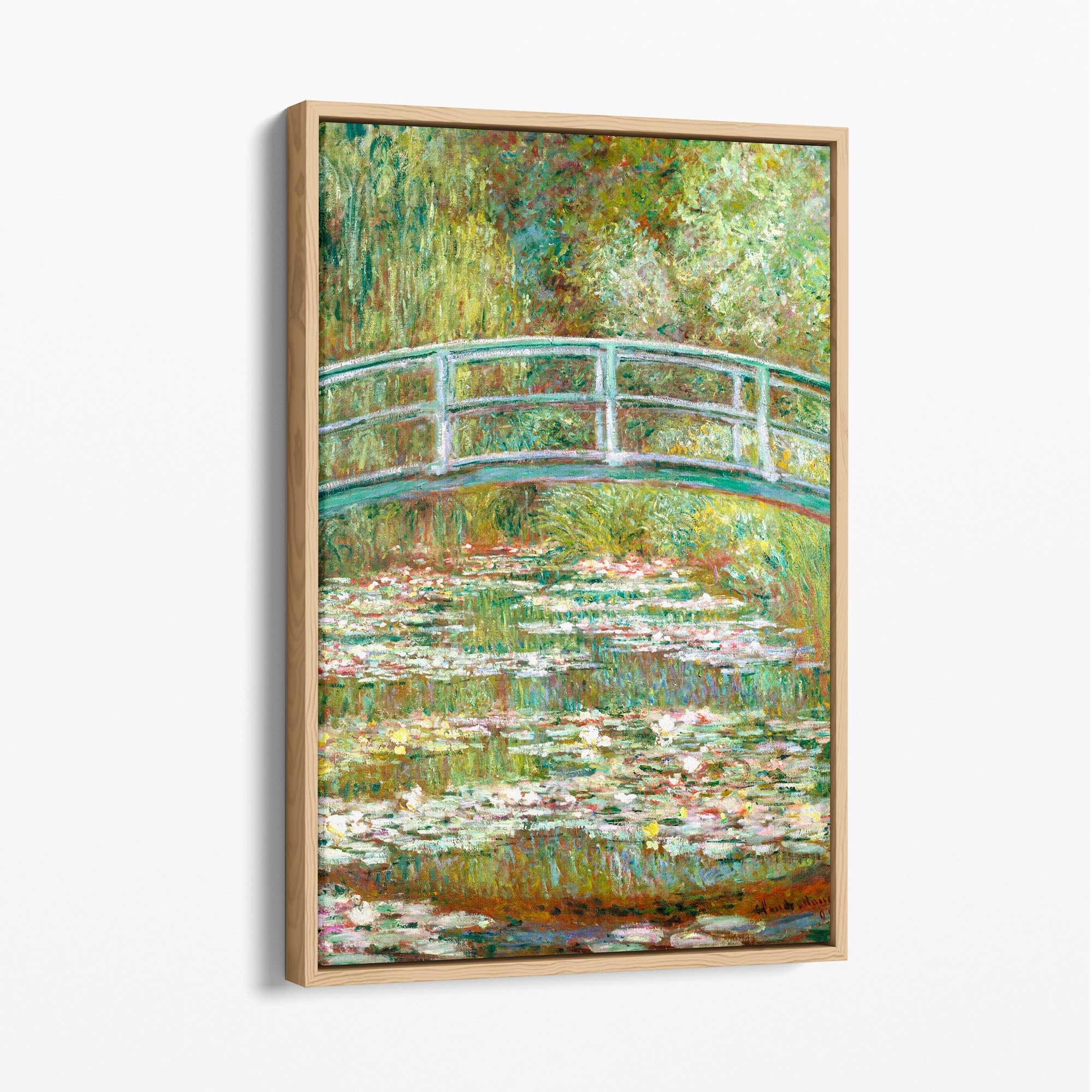 Claude Monet Bridge Over Pond of Water Lillies Canvas Art Print with Oak Float Frame