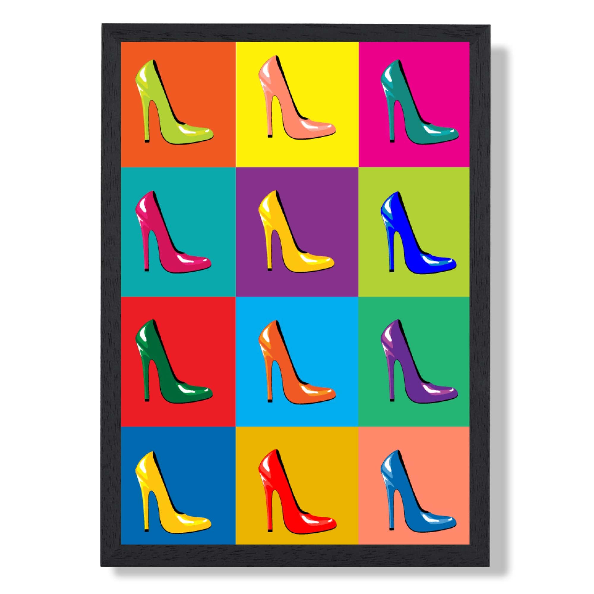 Fashion Shoes in Pop Art Style Art Print print in Black Wooden Frame