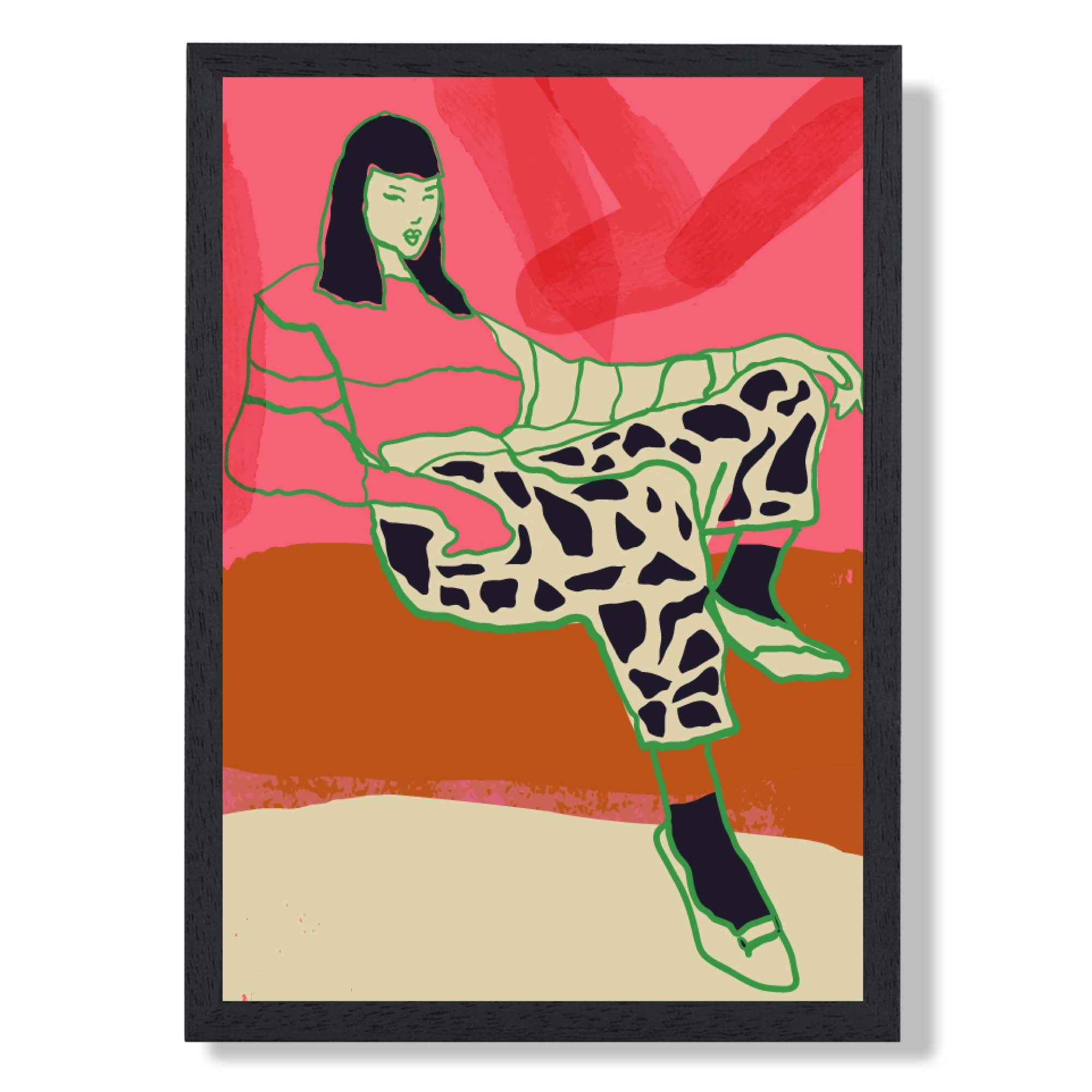 La Mode Relaxed in Pink Art Print print in Black Wooden Frame