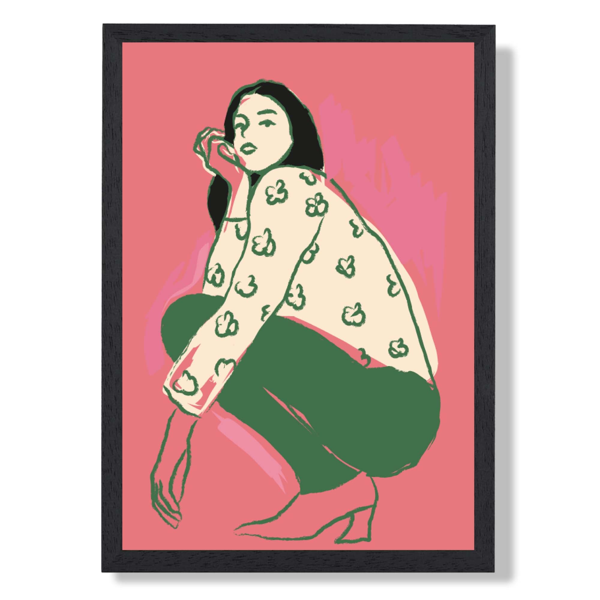 La Mode Thoughtful in Pink Art Print print in Black Wooden Frame