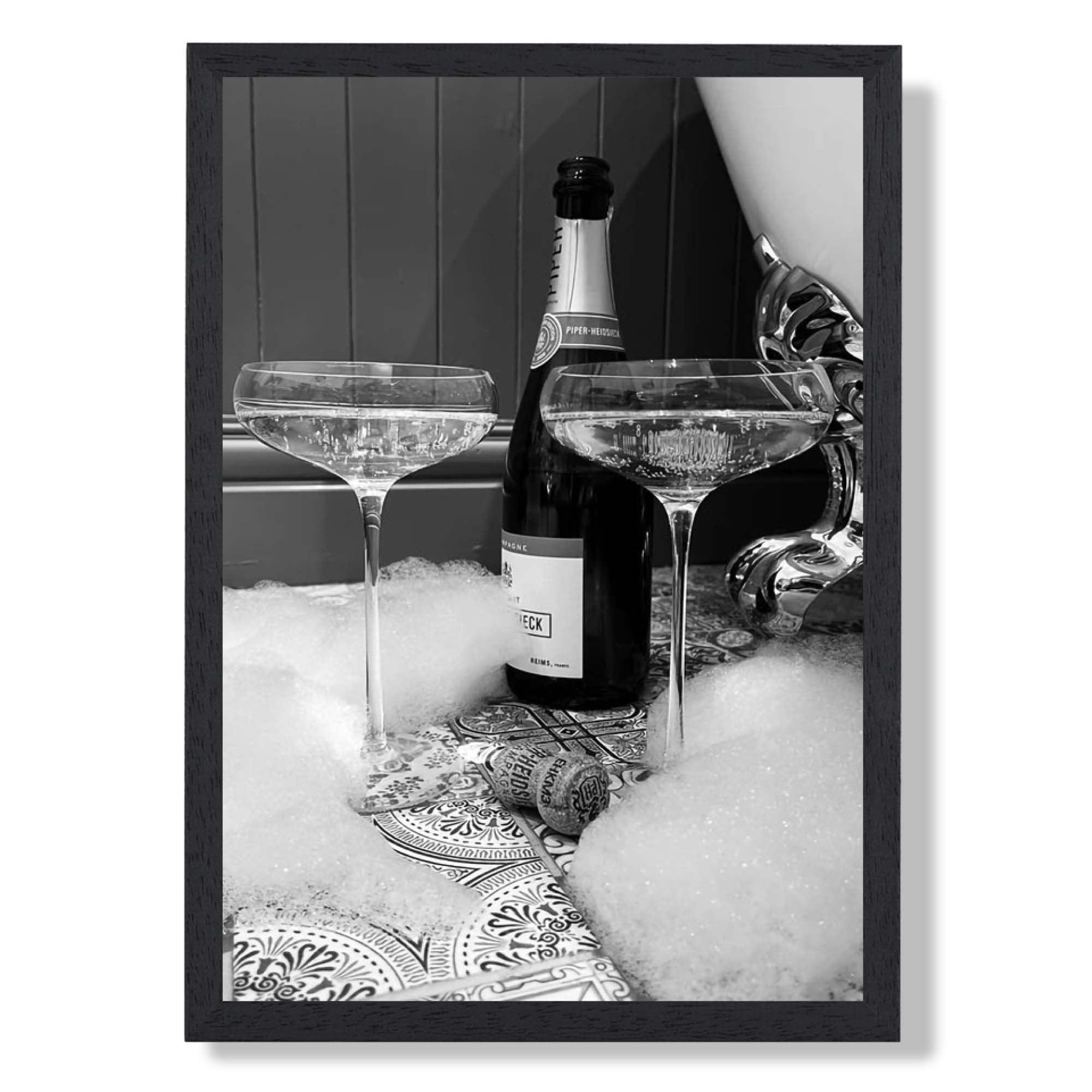 Champagne and Bubbles Art Print print in Black Wooden Frame