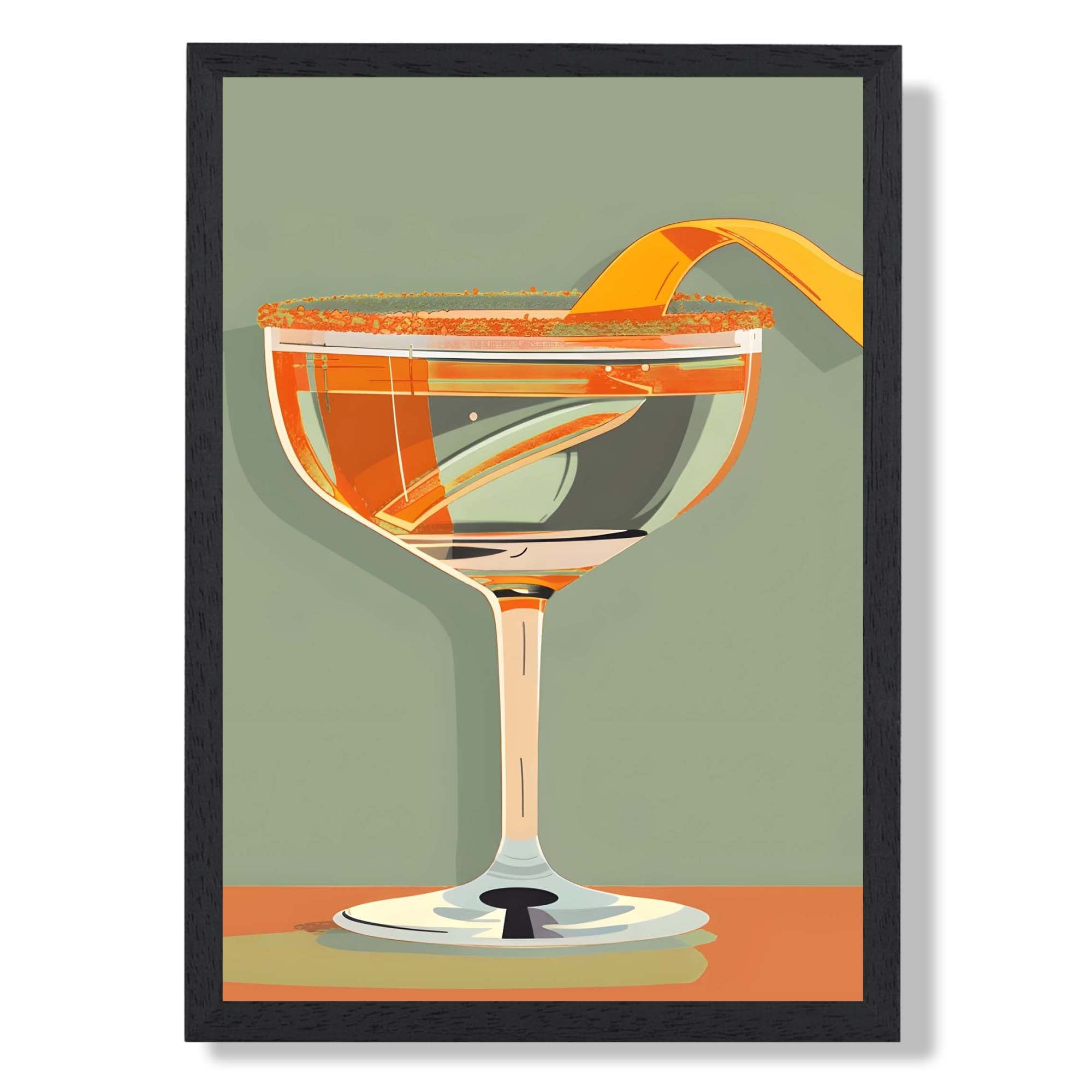Retro Cocktail Glass Print in Green and Orange Art Print print in Black Wooden Frame