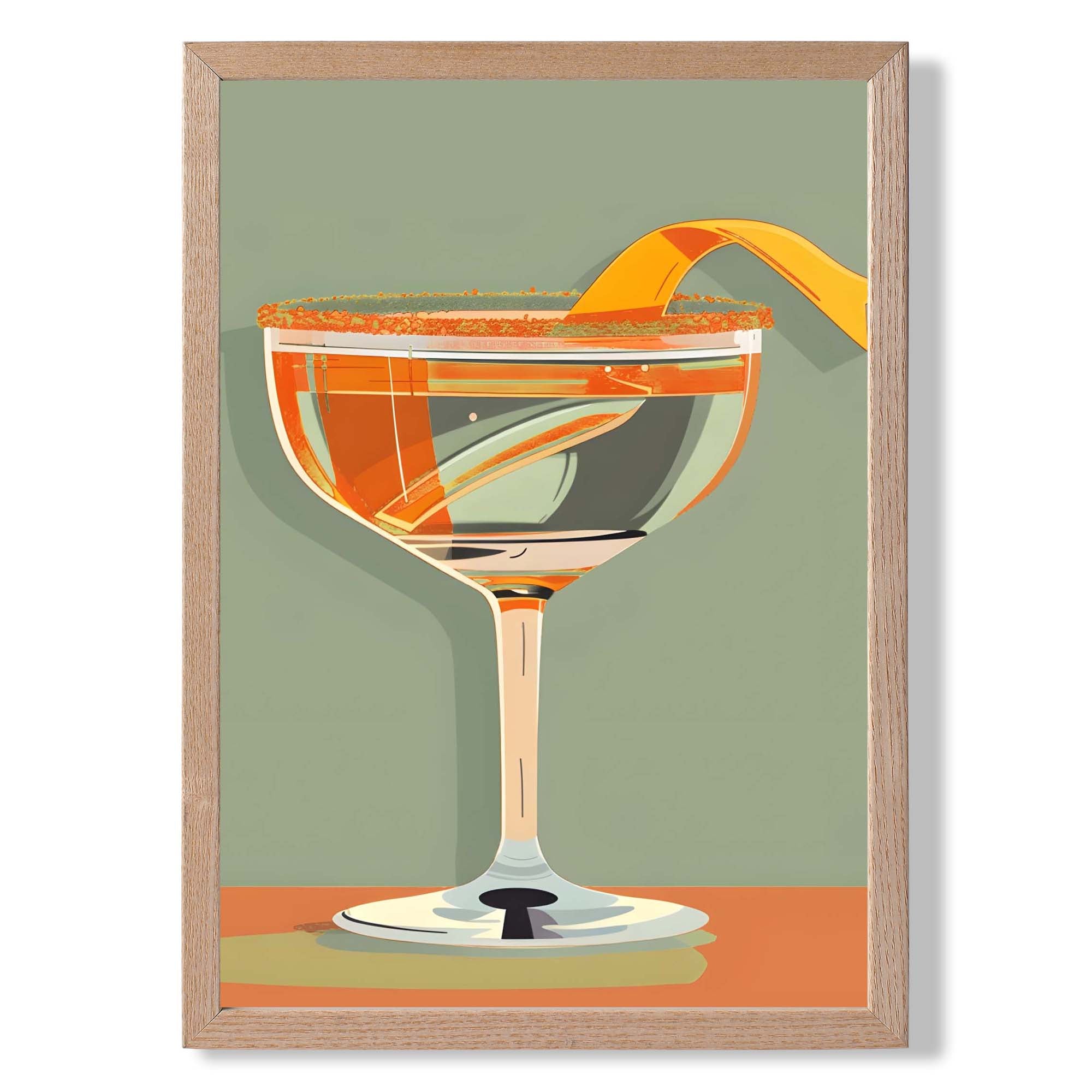 Retro Cocktail Glass Print in Green and Orange Art Print Wall Art Print