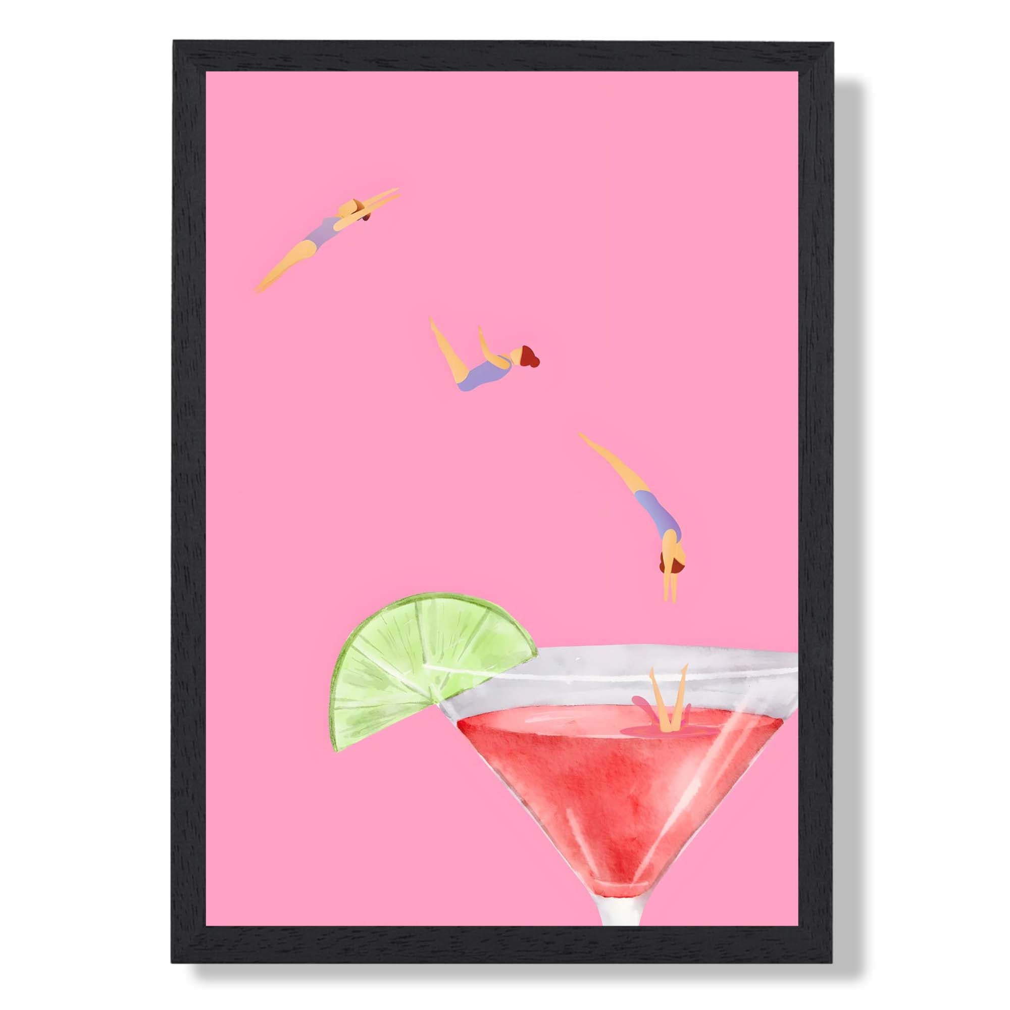 Dive into Cocktail Pink Art Print print in Black Wooden Frame