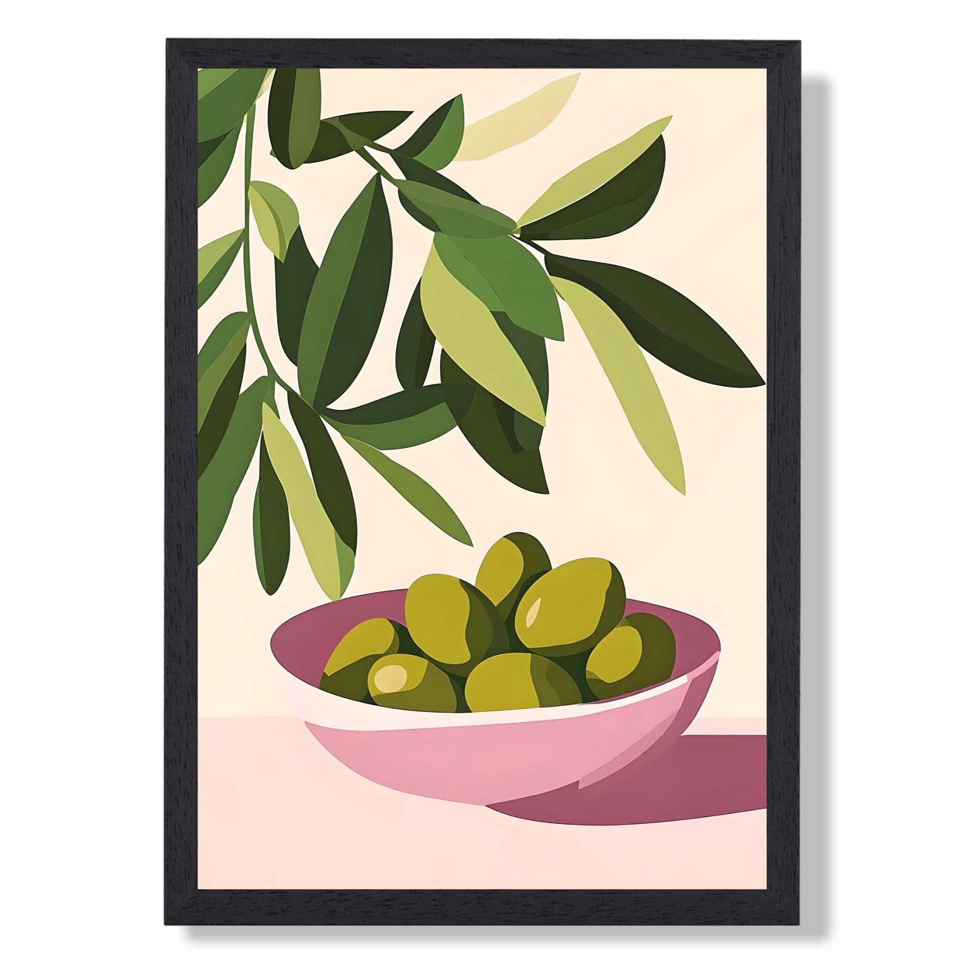 Olives in a Pink Bowl Art Print print in Black Wooden Frame