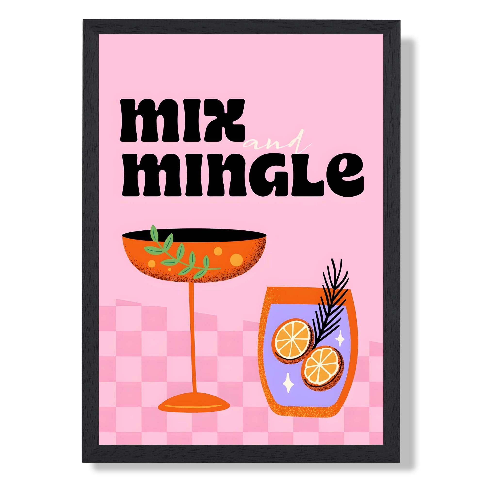 Mix and Mingle Retro Cocktail  Art Print print in Black Wooden Frame