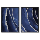 Navy Blue and Silver Abstract Set of 2 Art Prints with Black Frame