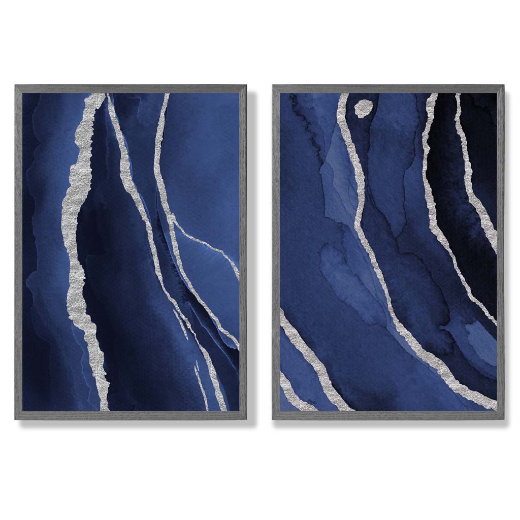 Navy Blue and Silver Abstract Set of 2 Art Prints with Dark Grey Frame