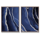 Navy Blue and Silver Abstract Set of 2 Art Prints with Walnut Frame