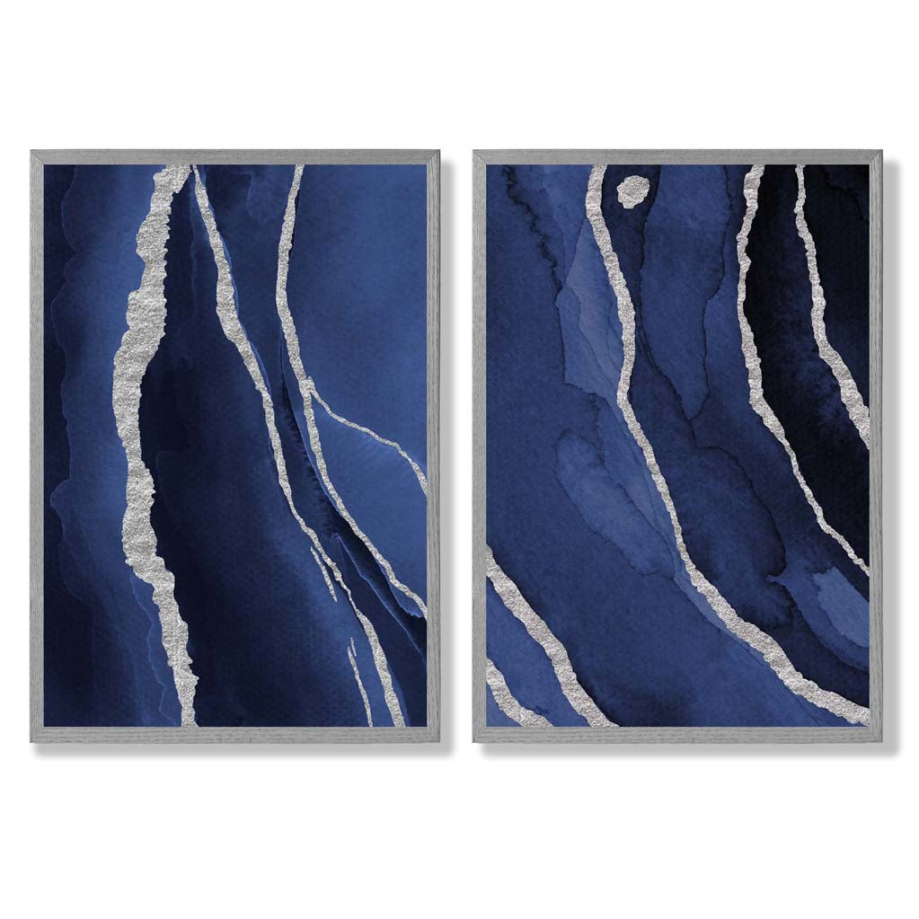 Navy Blue and Silver Abstract Set of 2 Art Prints with Light Grey Frame