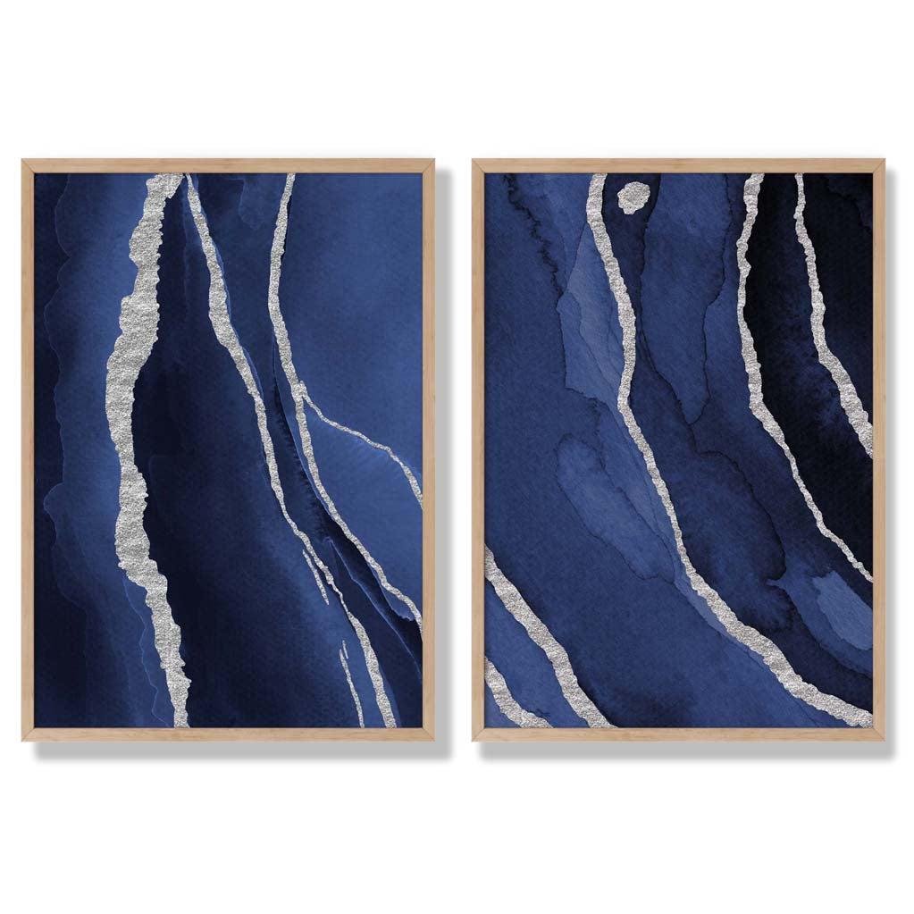 Navy Blue and Silver Abstract Set of 2 Art Prints with Oak Frame