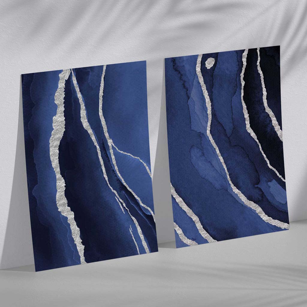 Navy Blue and Silver Abstract Set of 2 Art Prints