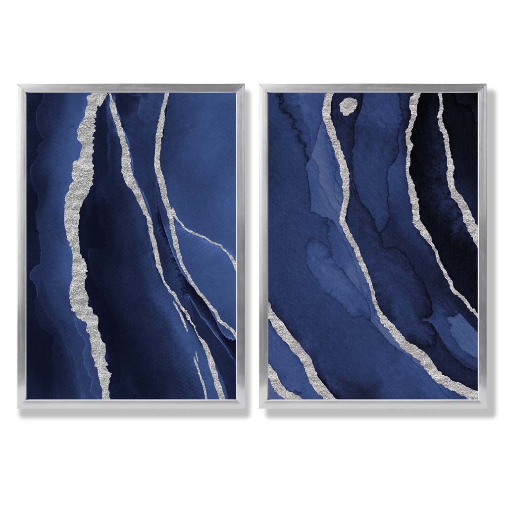 Navy Blue and Silver Abstract Set of 2 Art Prints with Silver Frame