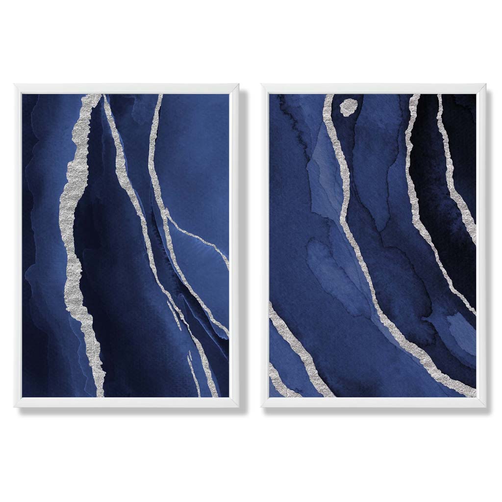Navy Blue and Silver Abstract Set of 2 Art Prints with White Frame
