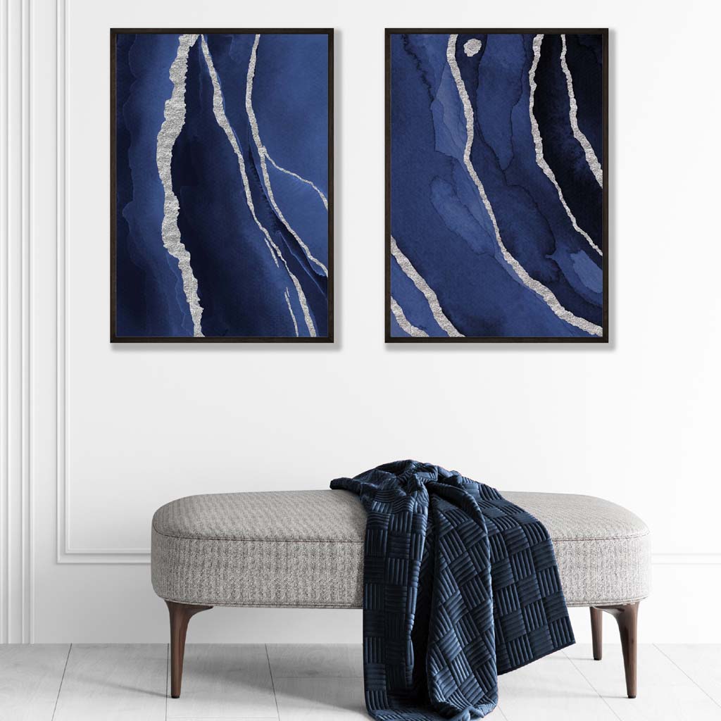 Set of 2 Navy Blue and Silver Abstract Art Prints Set | Artze Wall Art UK
