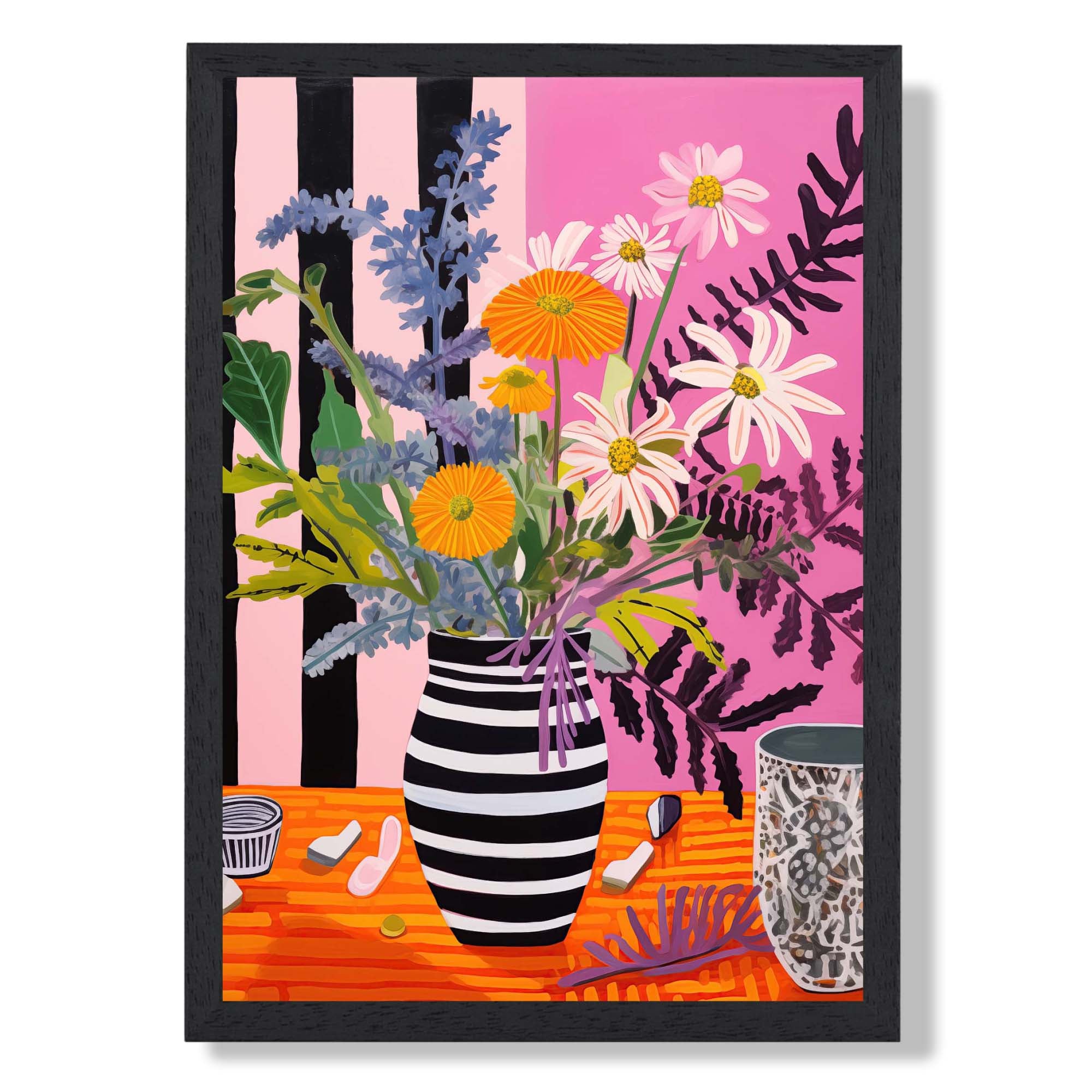 Maximalist Floral in Pink and Orange Art Print print in Black Wooden Frame
