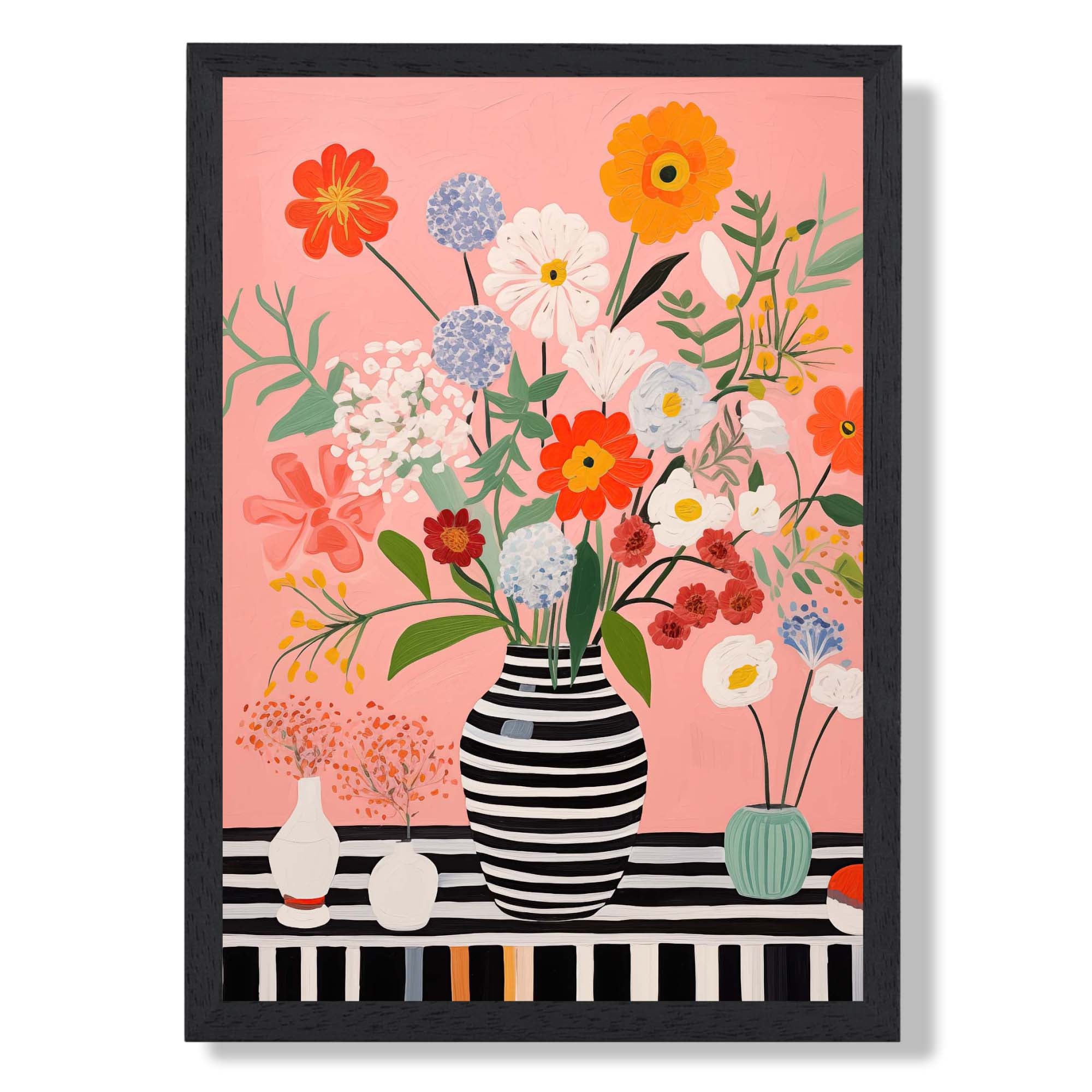 Maximalist Floral in Pink and Black Art Print print in Black Wooden Frame