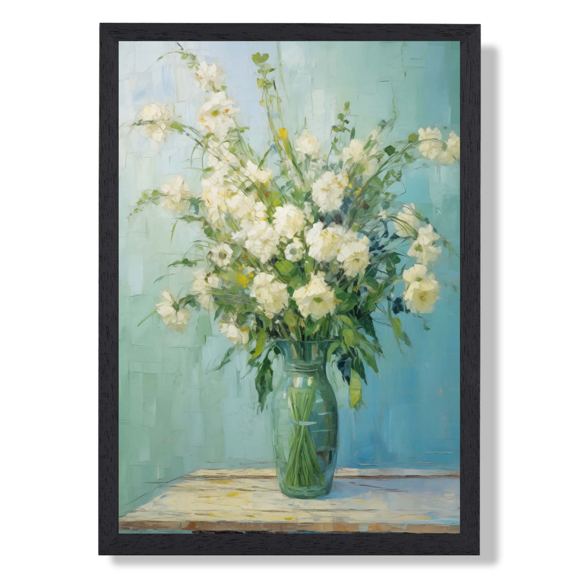 Abstract White Flowers Still Life Art Print print in Black Wooden Frame