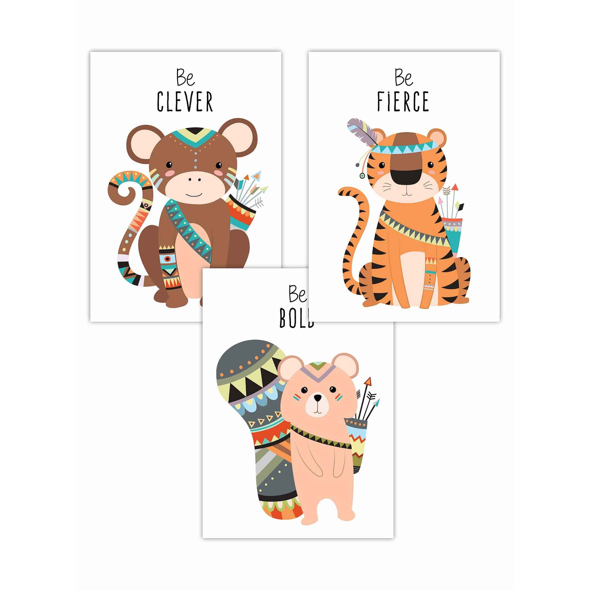 NURSERY Set of 3 Tribal Squirrel, Tiger, Monkey Wall Art Quote Prints