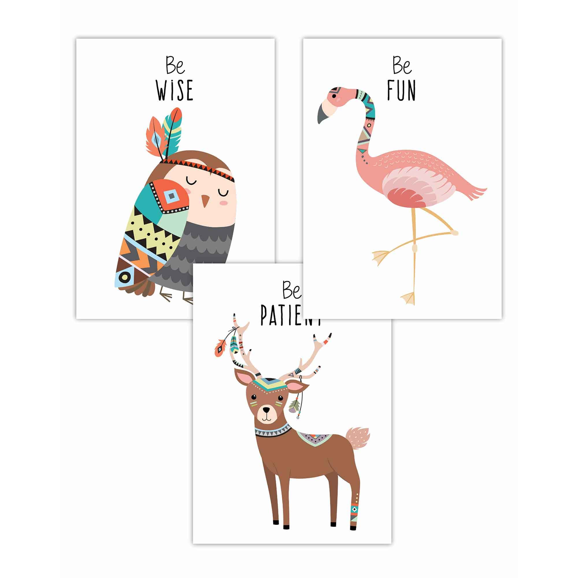 NURSERY Set of 3 Tribal Owl, Deer, Flamingo Wall Art Quote Prints