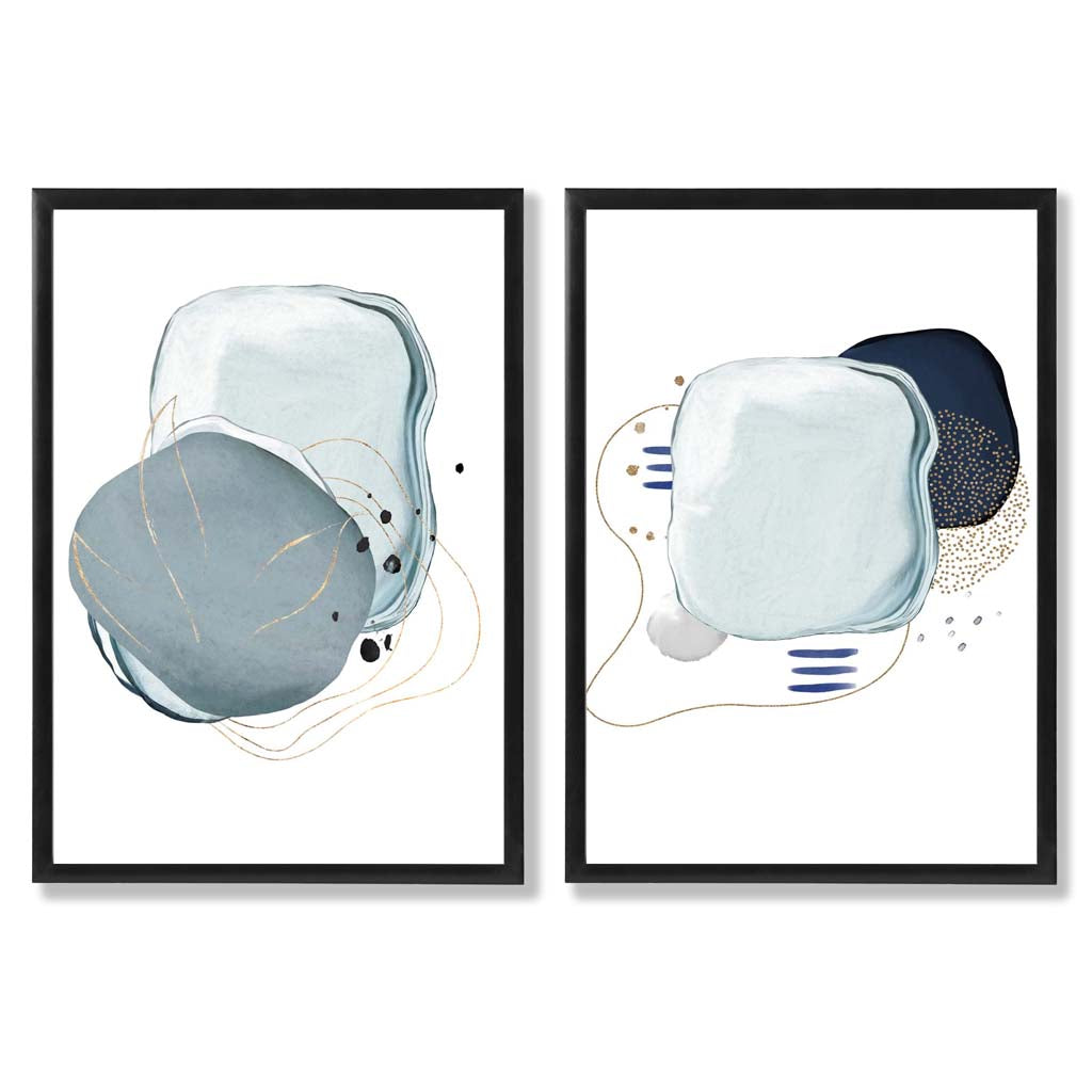 Navy, Aqua Abstract Shapes Set of 2 Art Prints with Black Frame
