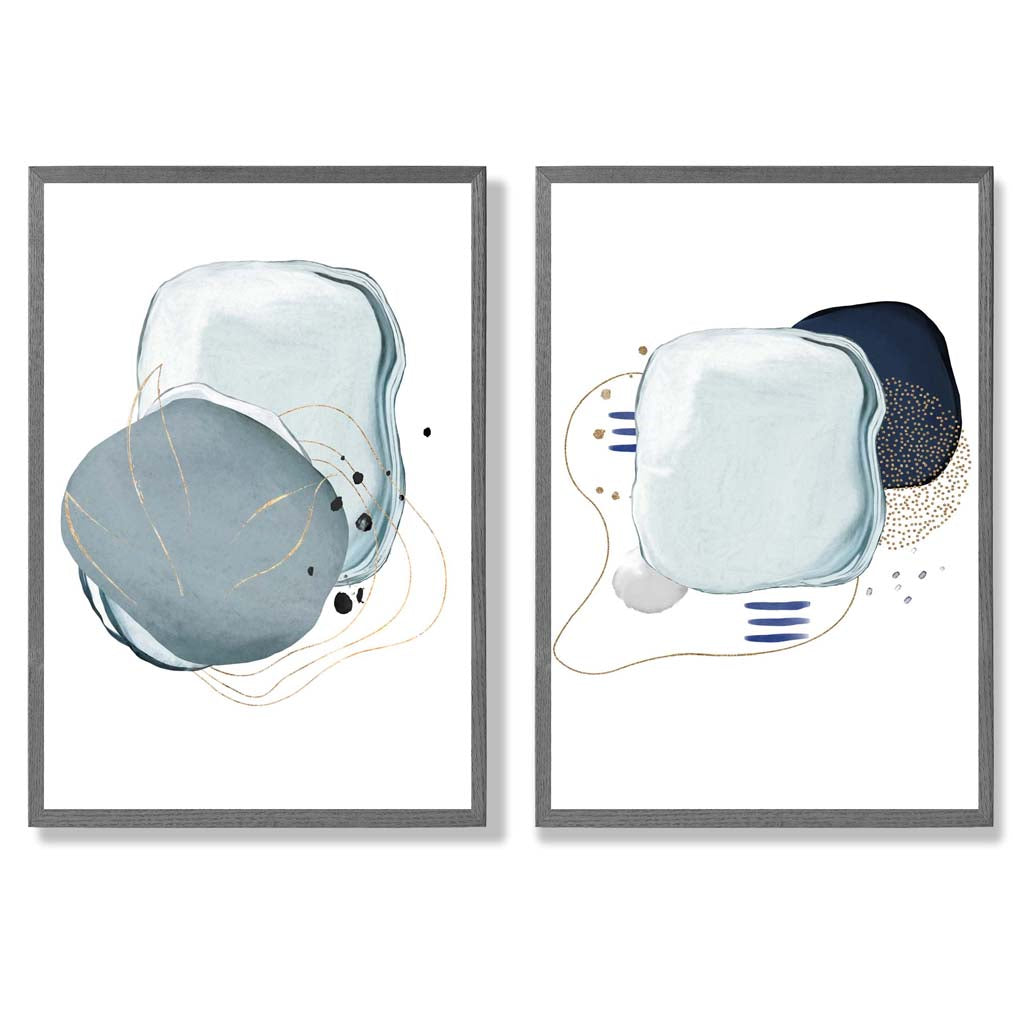 Navy, Aqua Abstract Shapes Set of 2 Art Prints with Dark Grey Frame