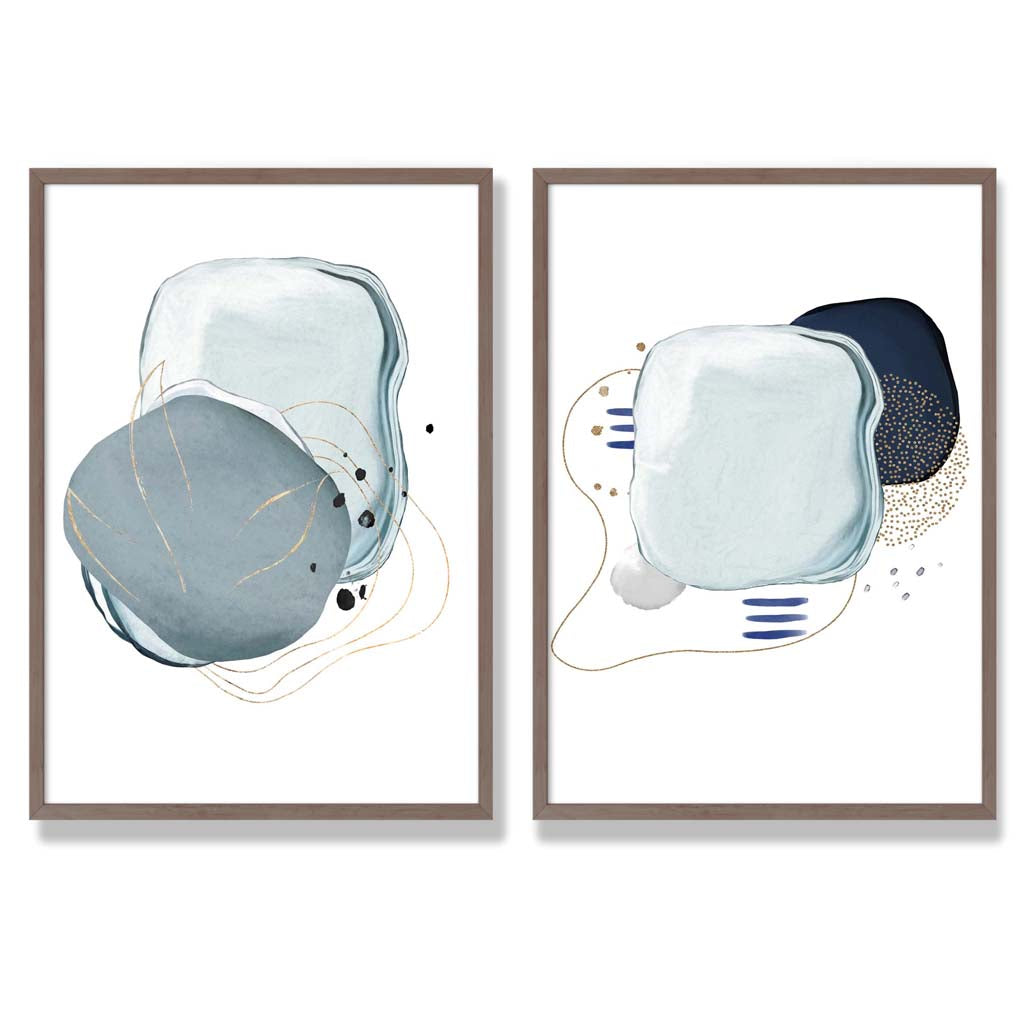 Navy, Aqua Abstract Shapes Set of 2 Art Prints with Walnut Frame