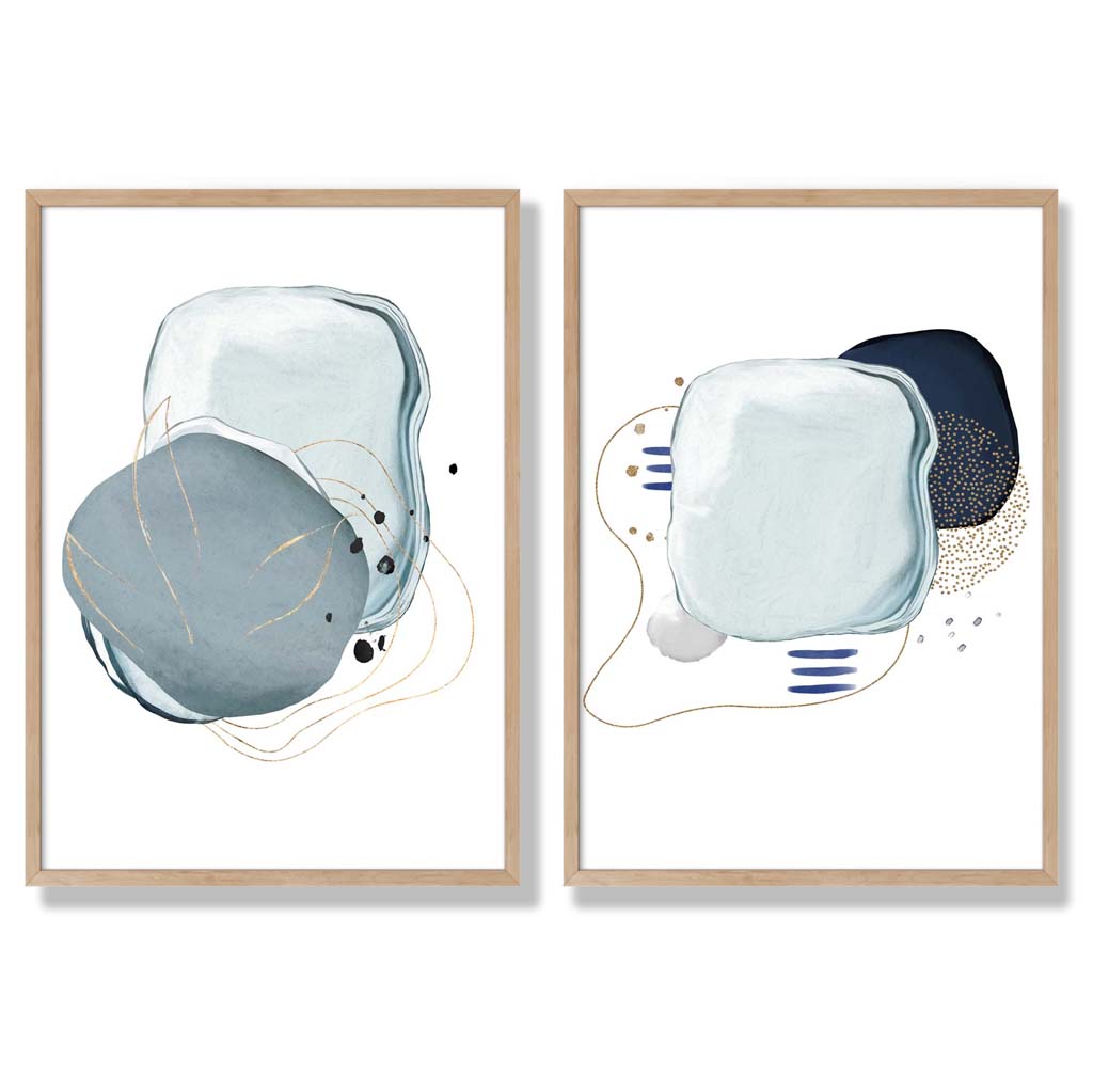 Navy, Aqua Abstract Shapes Set of 2 Art Prints with Oak Frame